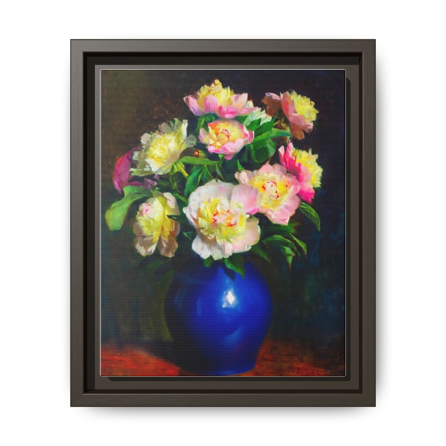 Framed Matte Canvas Wall Art — Vintage Floral Bouquet in Blue Vase