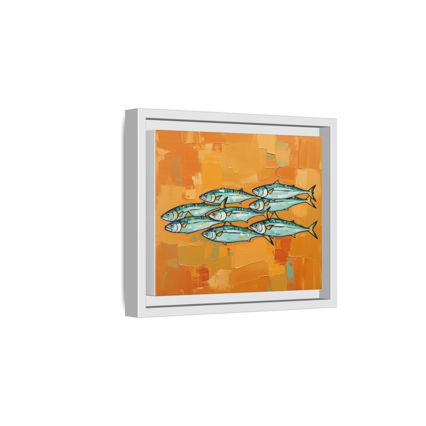 Framed Matte Canvas Print — School of Blue Fish on Orange Abstract Background