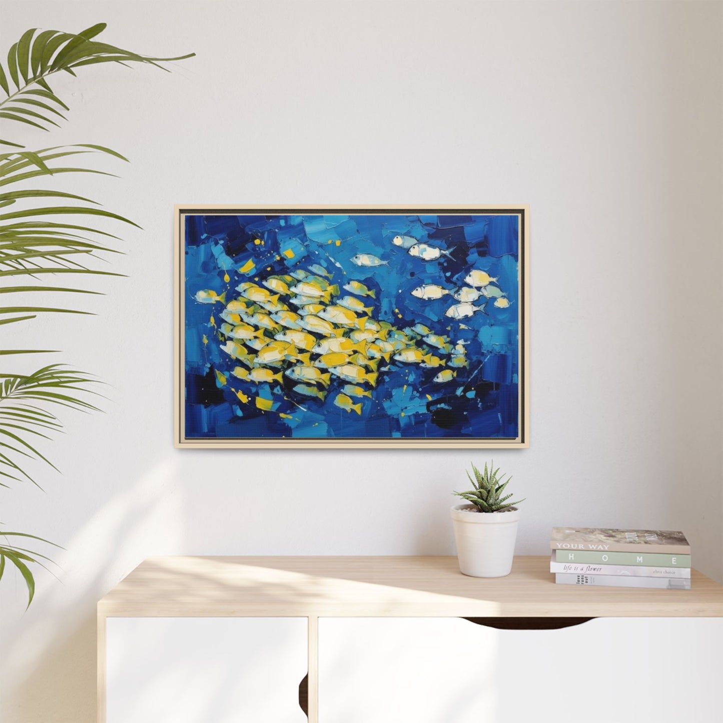 Framed Matte Canvas: Blue School of Fish Wall Art
