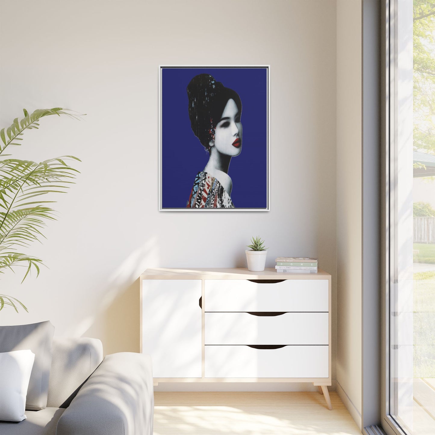 Framed Matte Canvas Art — Elegant Geisha Portrait on Deep Blue