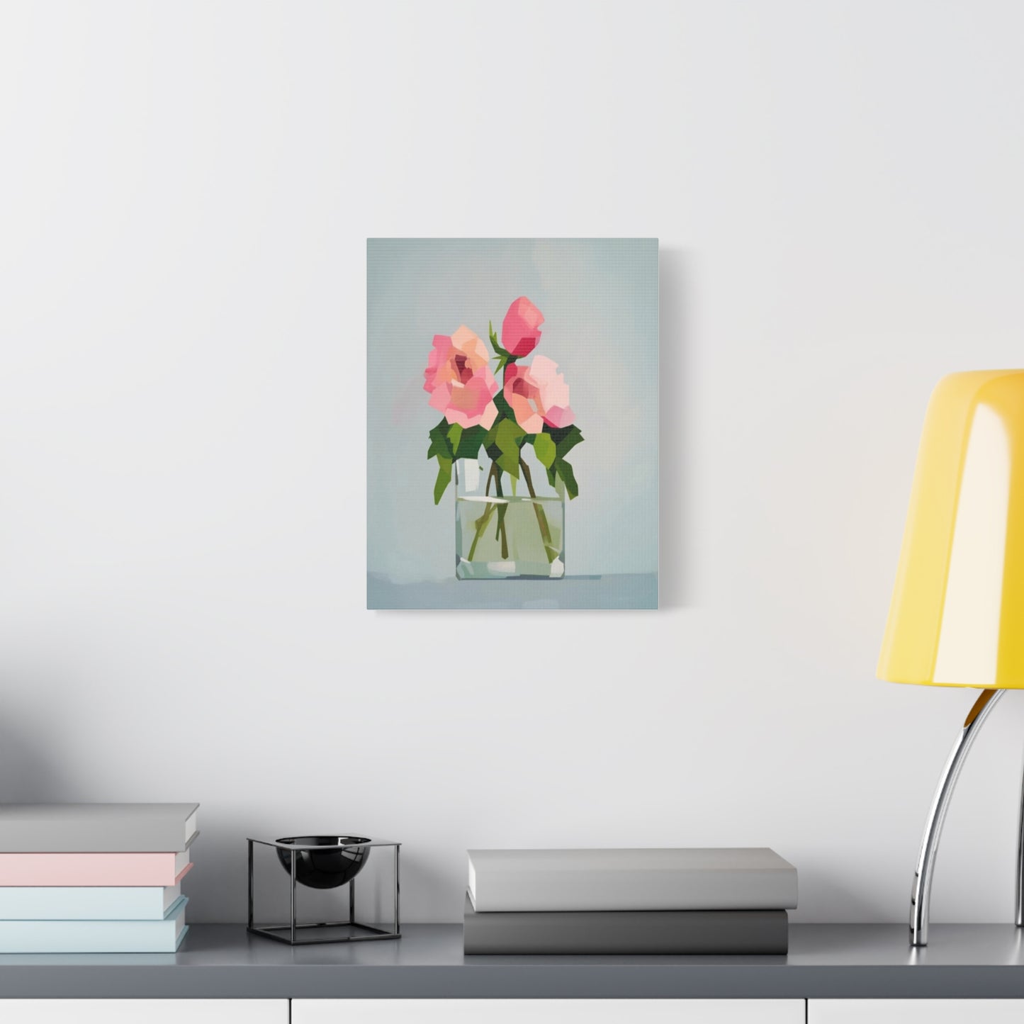 Pink Roses in Square Vase - Matte Stretched Canvas Wall Art