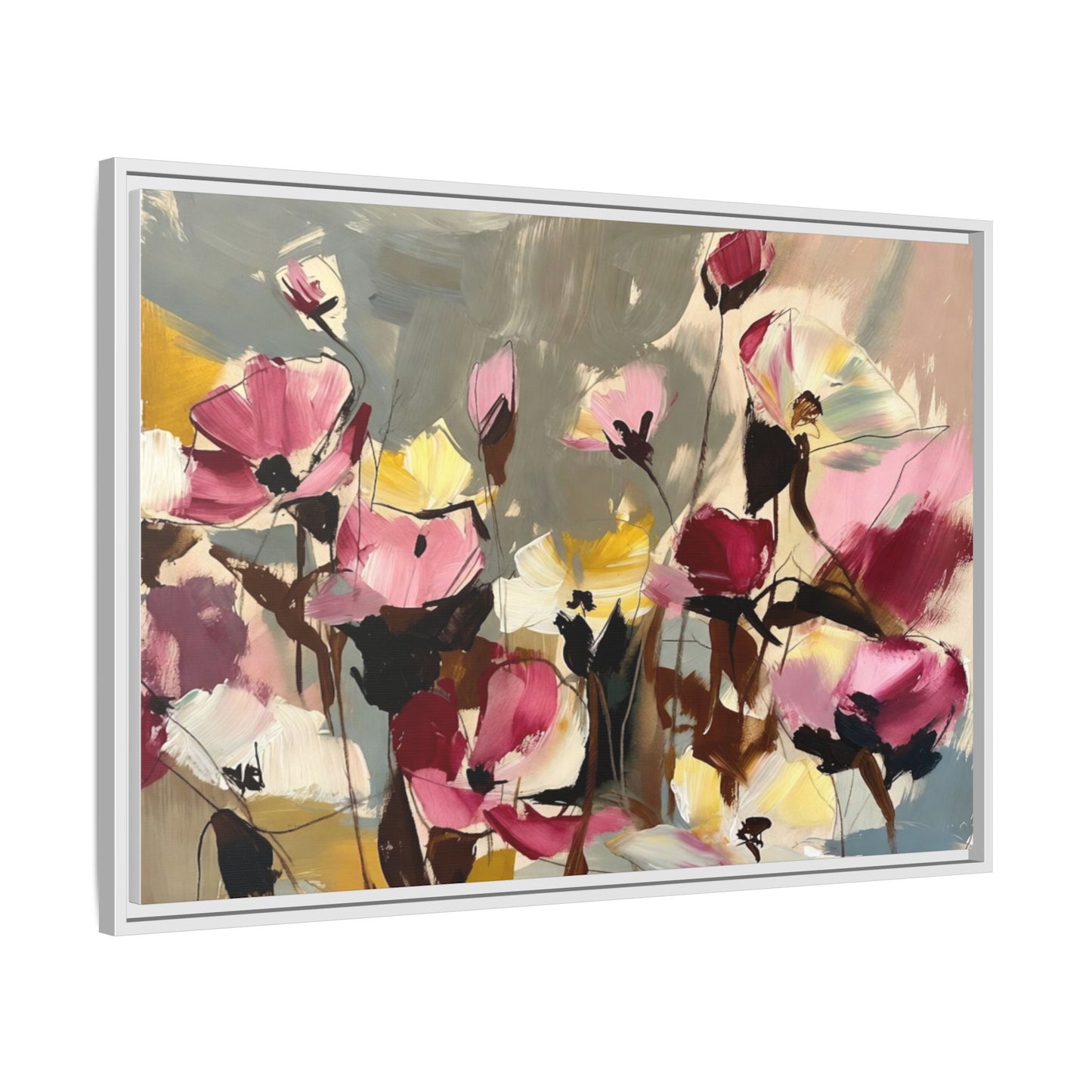 Framed Floral Canvas Wall Art — Abstract Pink & Yellow Flowers