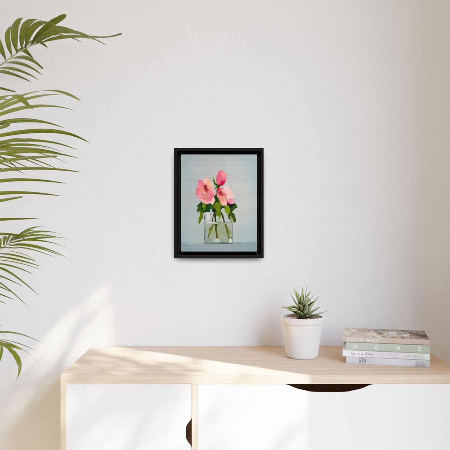 Framed Floral Canvas Print — Pink Roses in Glass Vase (Matte)