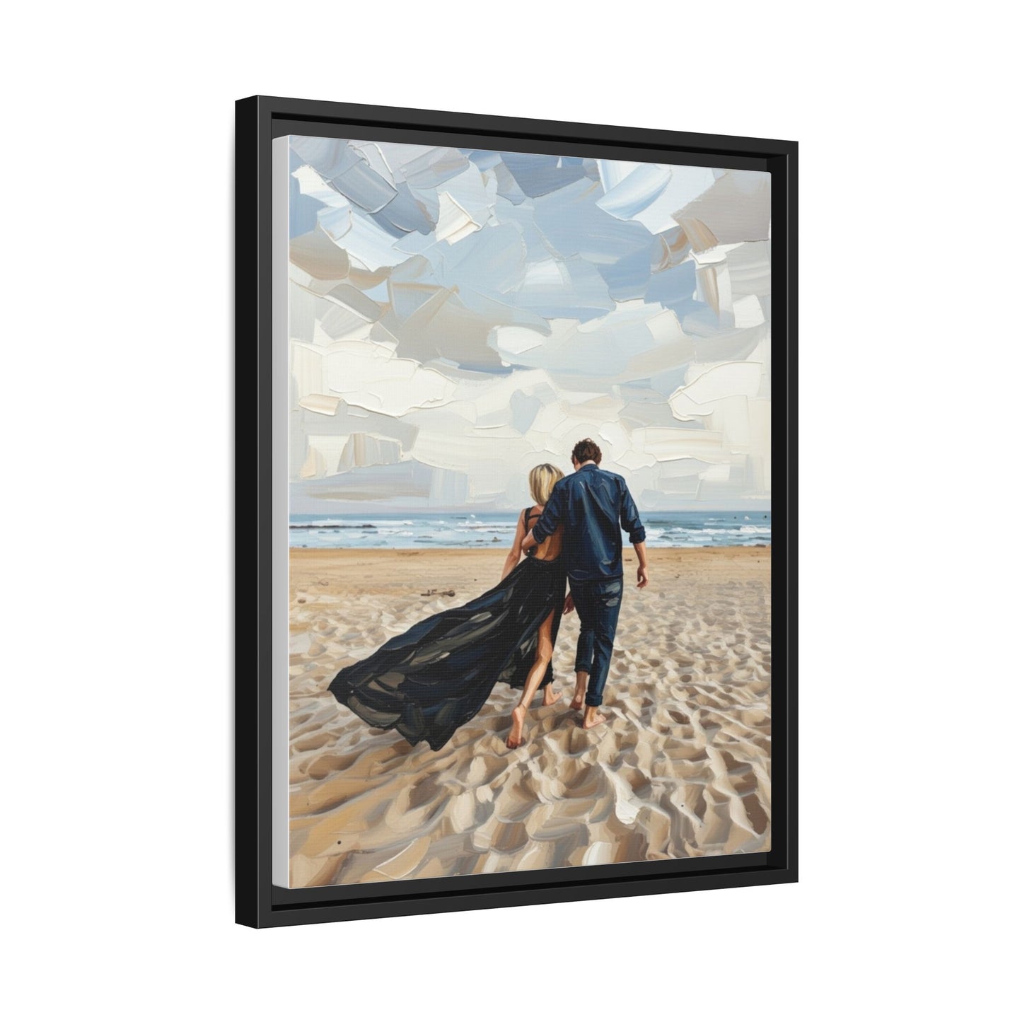 Framed Canvas Wall Art — Romantic Couple Walking on Beach Print