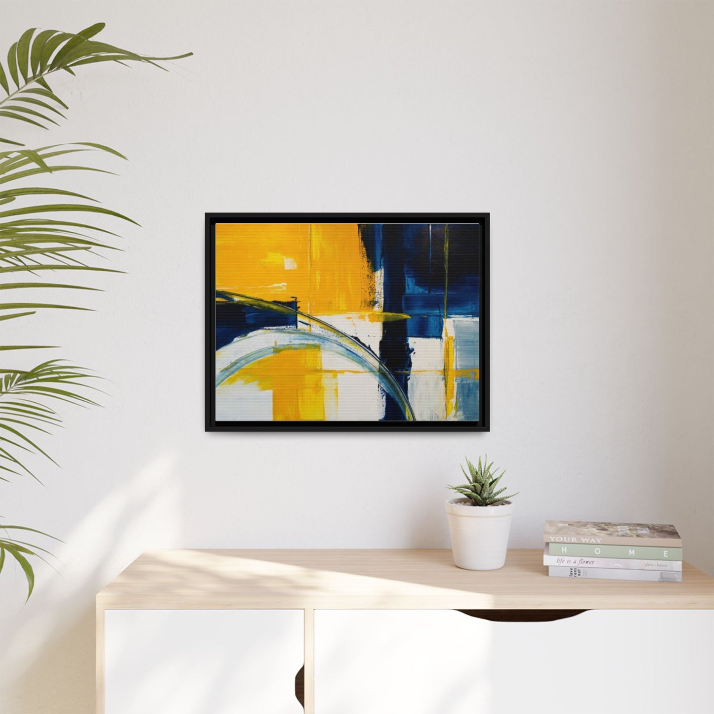 Abstract Yellow & Blue Framed Canvas Wall Art — Modern Matte Canvas Print