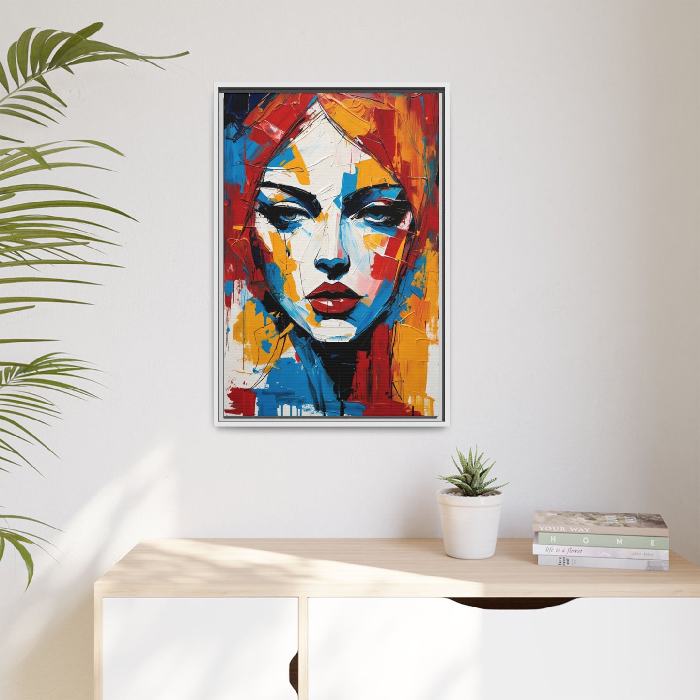 Framed Abstract Portrait Canvas — Colorful Female Face Wall Art