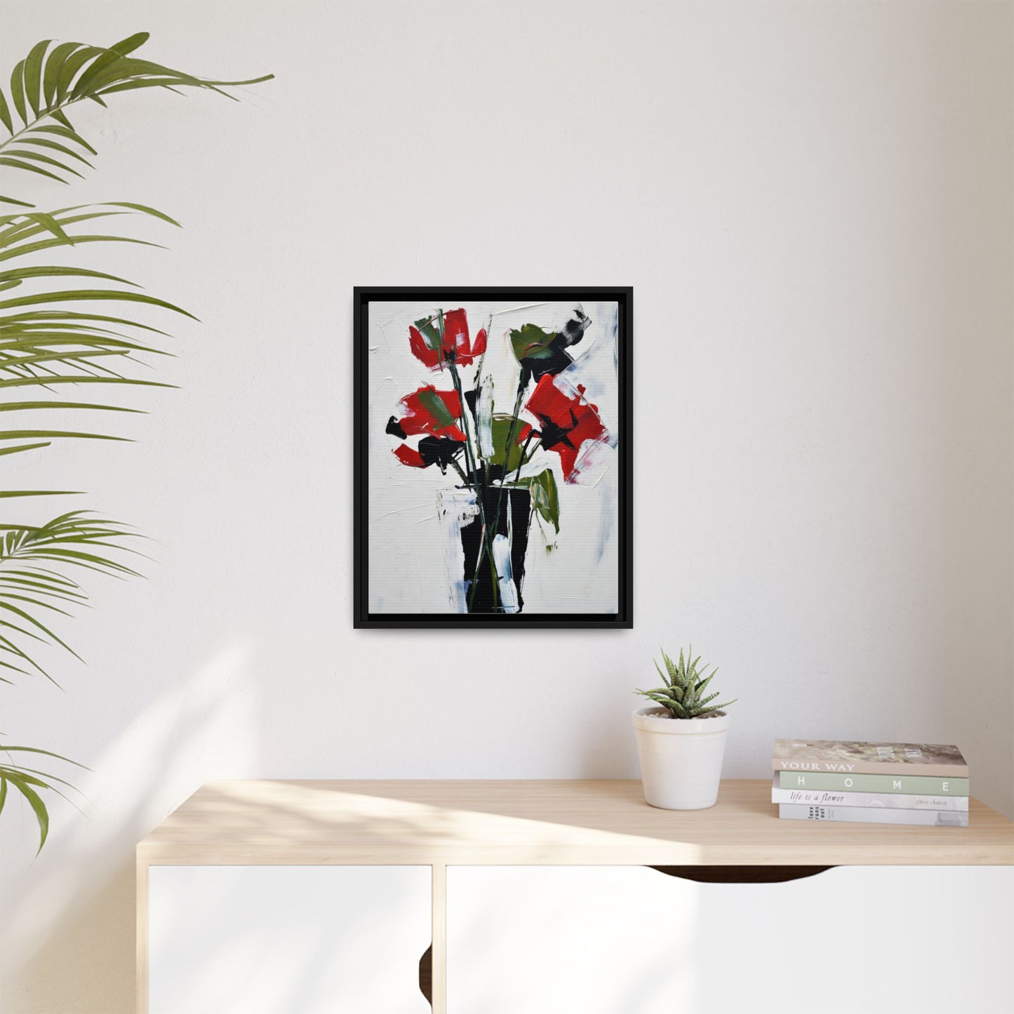 Framed Abstract Floral Canvas Print — Red Poppies in Black Vase