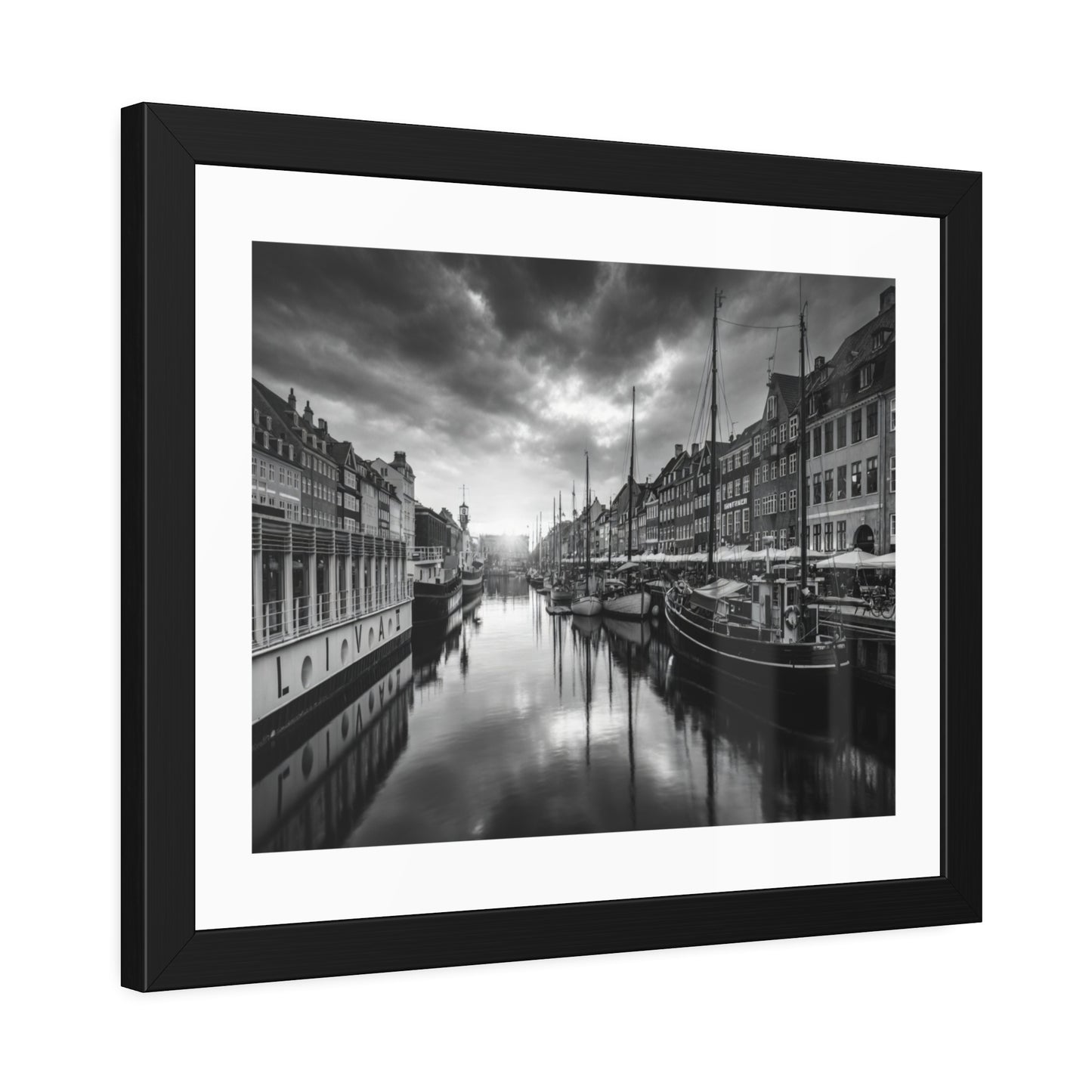 Black & White Dutch Canal Framed Photo Print — Nautical Cityscape Wall Art