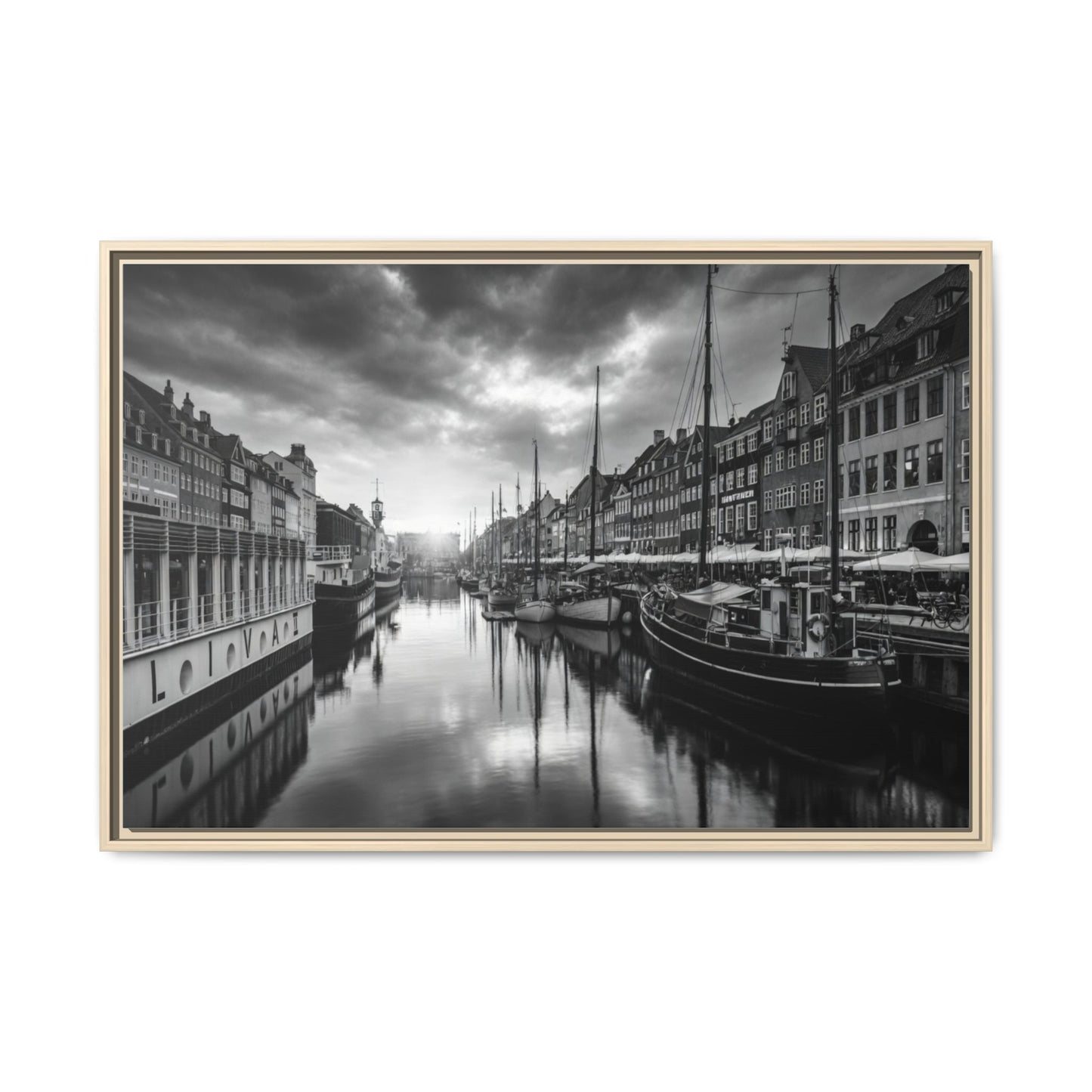 Framed Matte Canvas: Black & White Dutch Canal Photography Wall Art