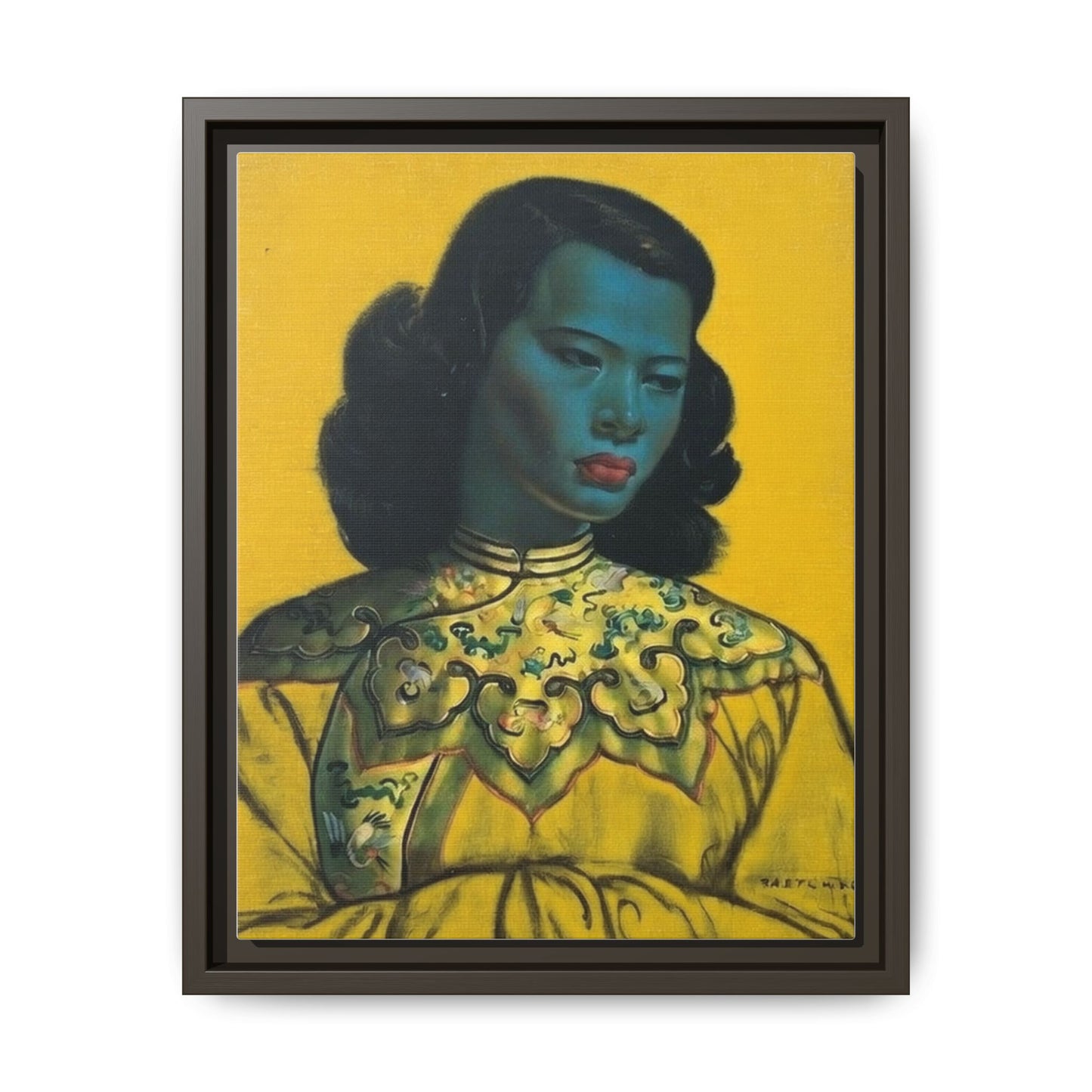 Framed Matte Canvas Art Print — Vintage Portrait with Yellow Background