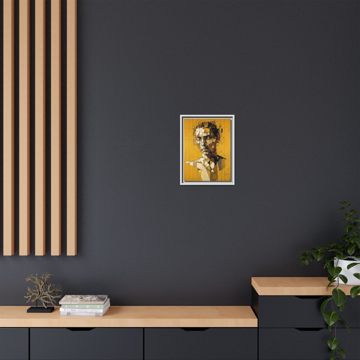 Framed Matte Canvas Art - Abstract Geometric Portrait on Mustard Yellow