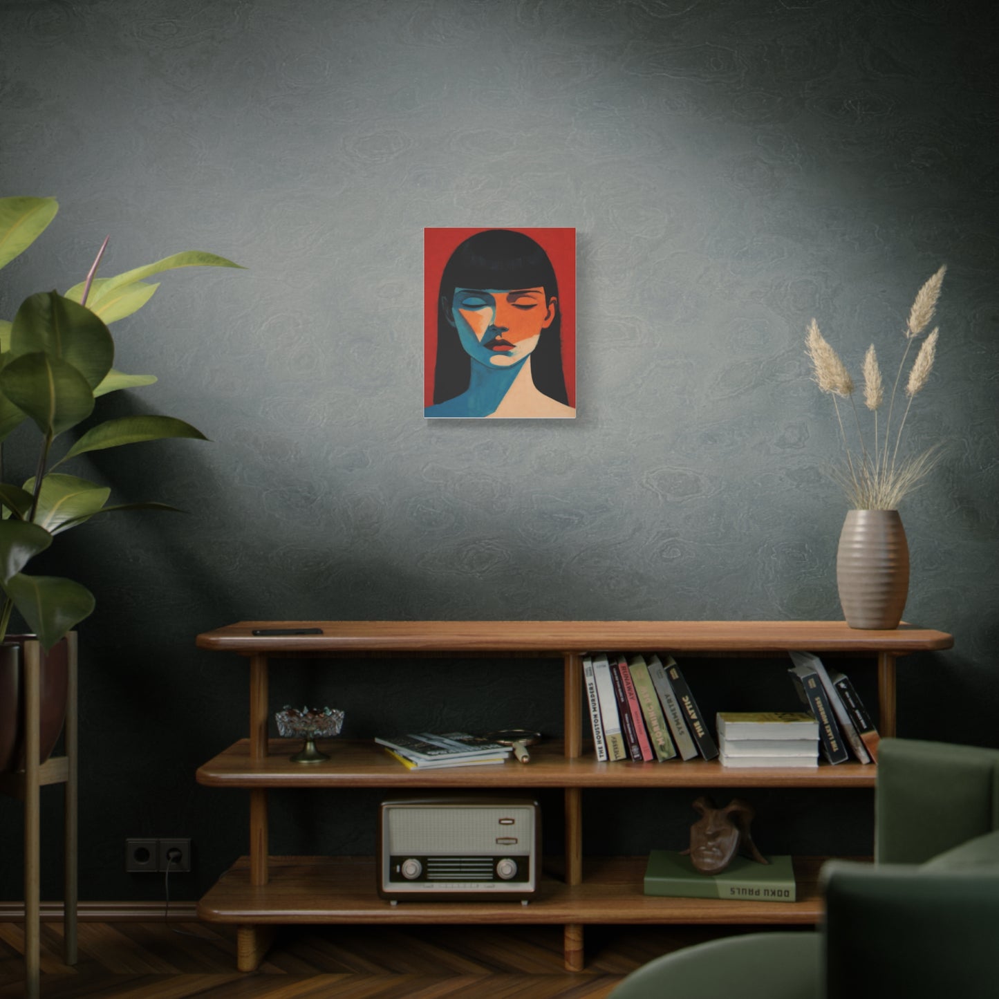 Portrait Canvas Wall Art — Modern Minimalist Woman in Red & Blue