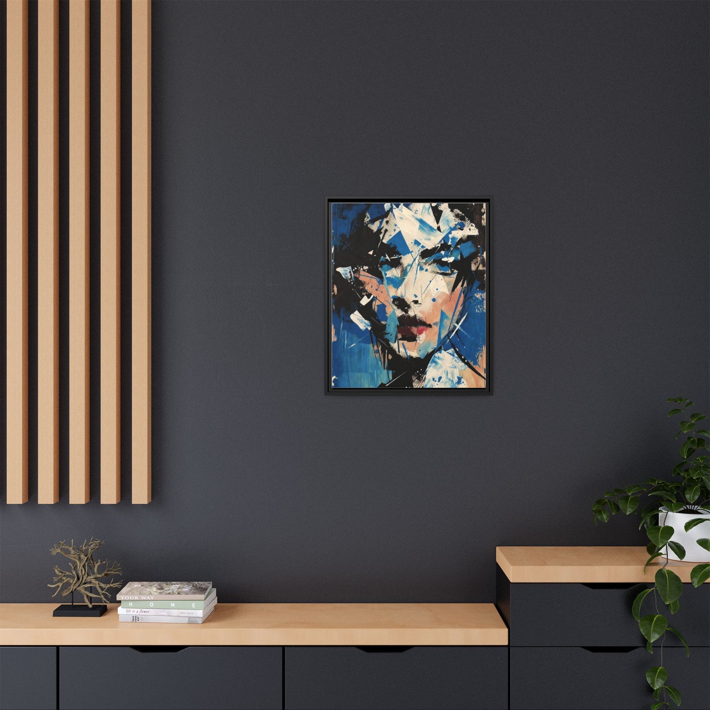 Abstract Portrait Matte Canvas Framed Wall Art — Blue Mixed-Media Face Print