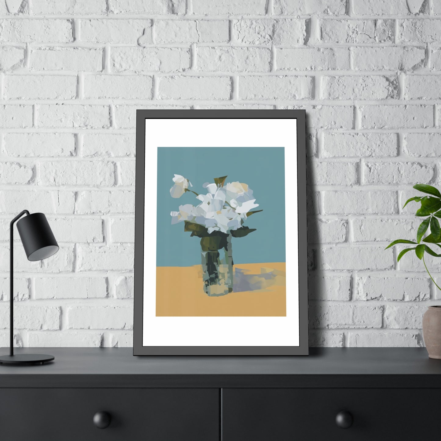 Framed Floral Poster - Modern White Blossoms in Vase Wall Art