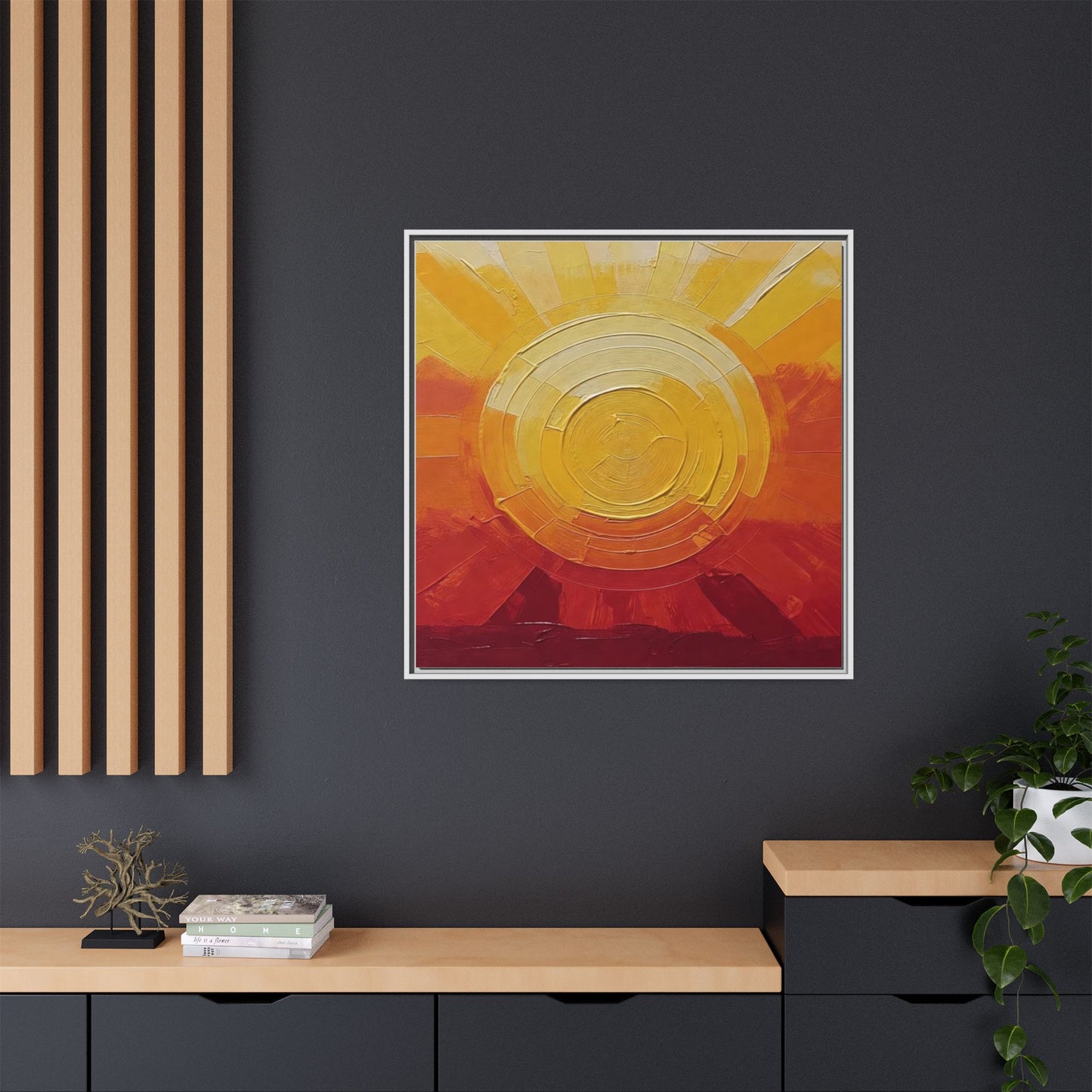 Sunburst Abstract Framed Canvas Art — Matte Multi‑Color Wall Print