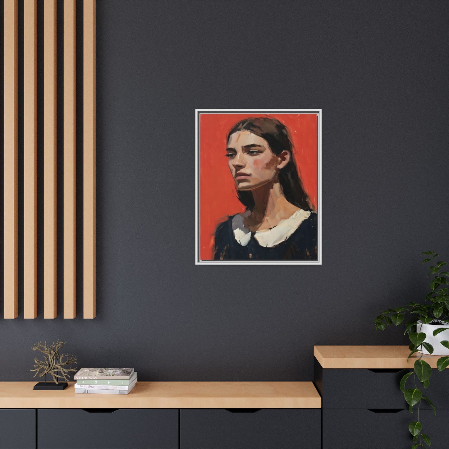 Framed Matte Canvas Portrait Print — Moody Red Figurative Art
