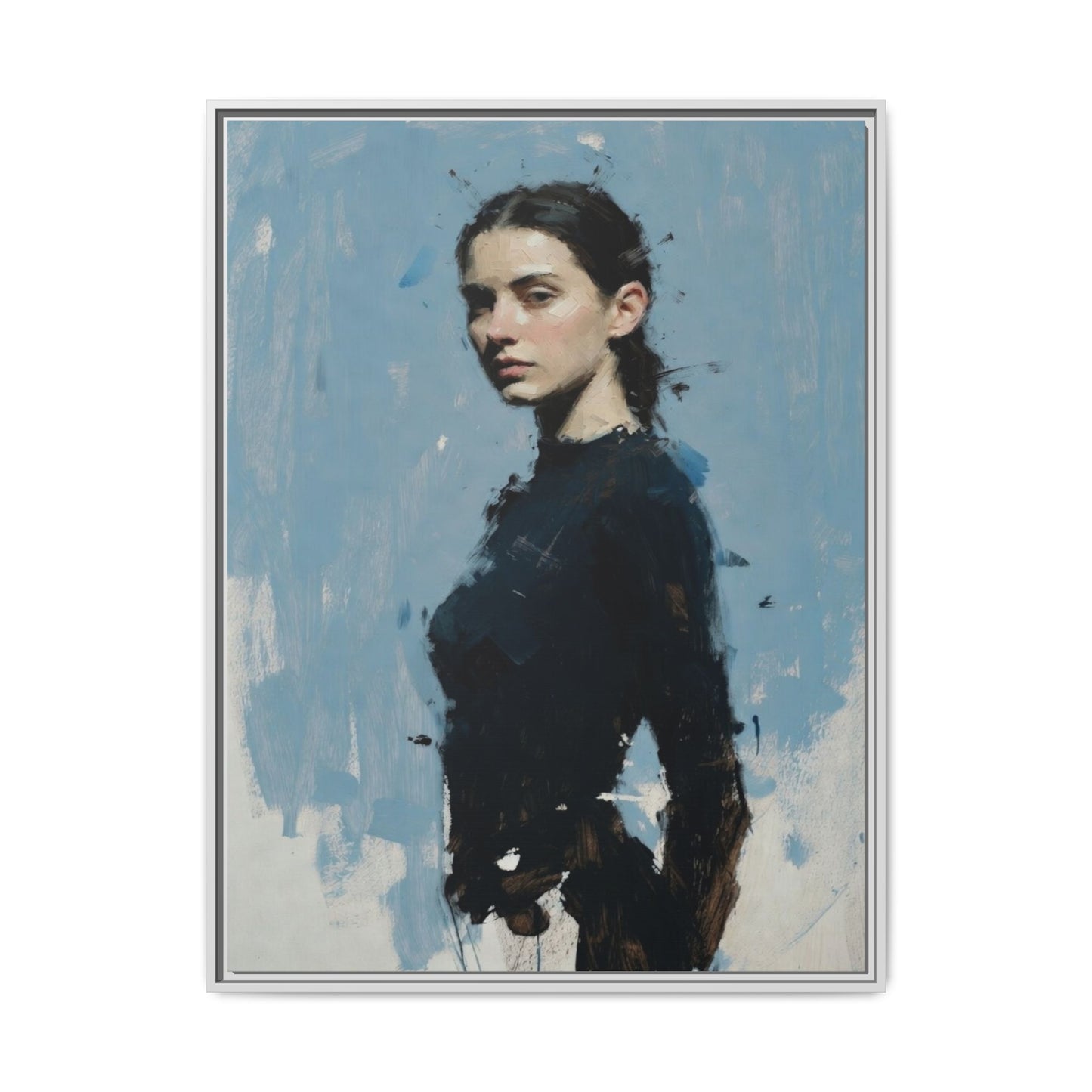 Framed Matte Canvas Portrait Print — Elegant Blue Woman Art