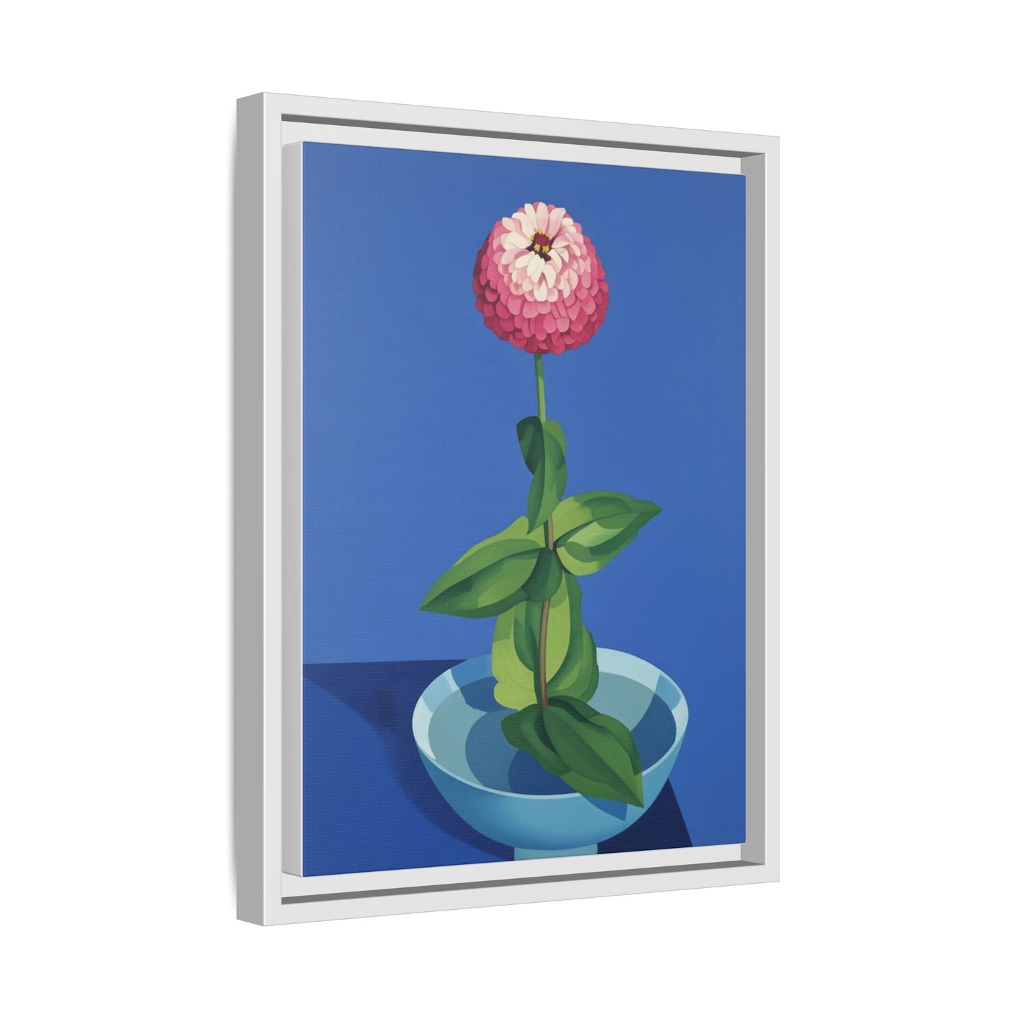 Framed Matte Canvas Art — Pink Zinnia in Blue Bowl (Botanical Still Life)