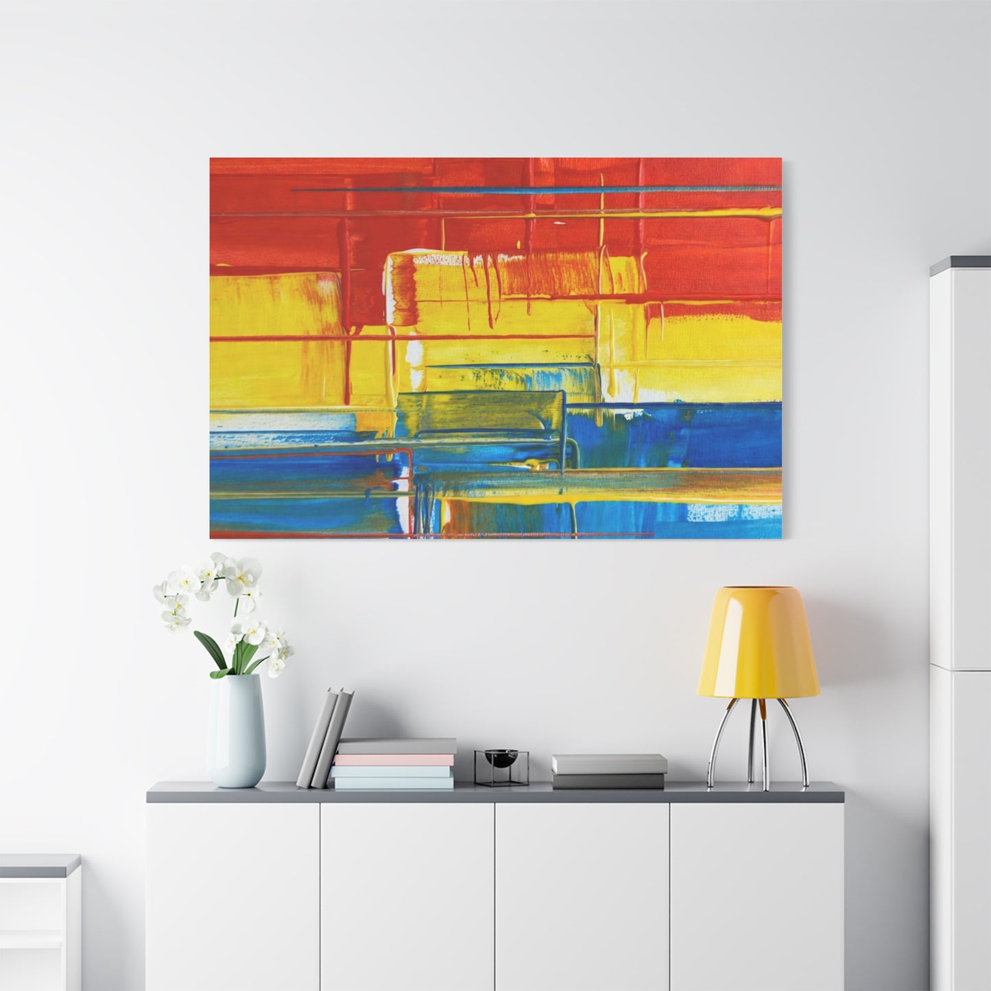 Abstract Color Block Canvas Print — Vibrant Red, Yellow & Blue Stretched Wall Art