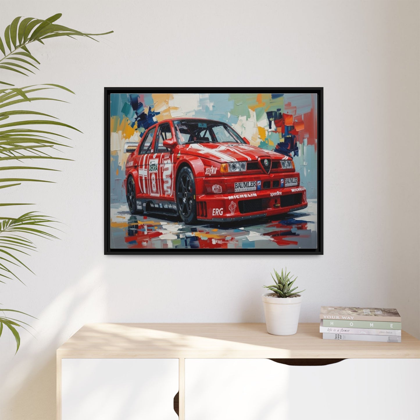 Framed Racing Car Canvas Print — Red Alfa Romeo Track Art