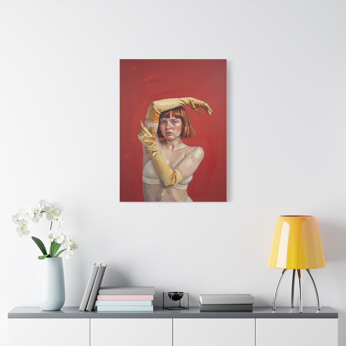 Figurative Portrait Canvas — Woman with Yellow Gloves on Red Background
