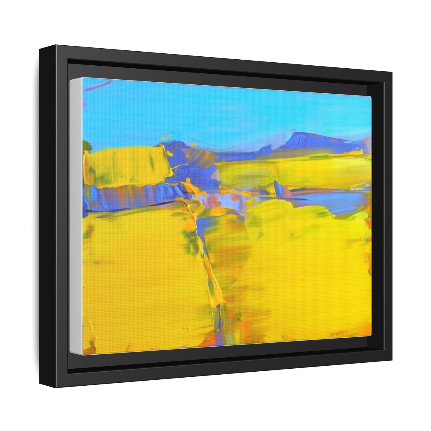 Framed Matte Canvas  Vibrant Yellow Blue Abstract Landscape Art