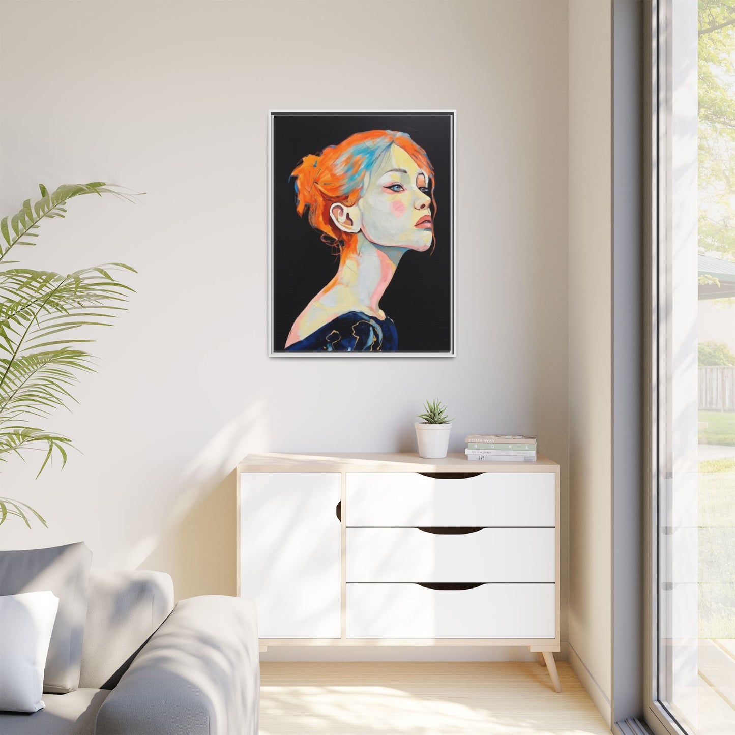 Framed Matte Canvas Portrait — Vibrant Multi‑Color Woman Wall Art