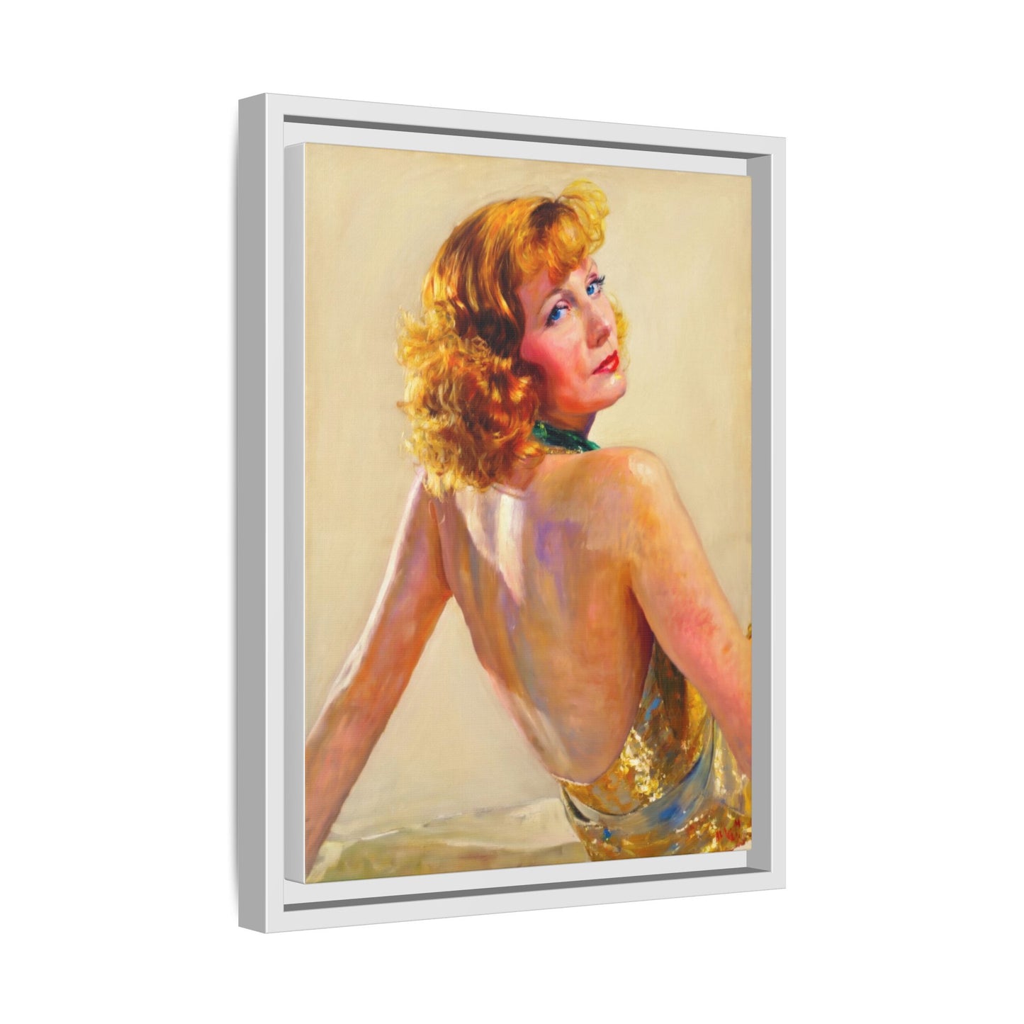 Framed Matte Canvas Print — Vintage Portrait of Redhead Greta Garbo in Gold Dress