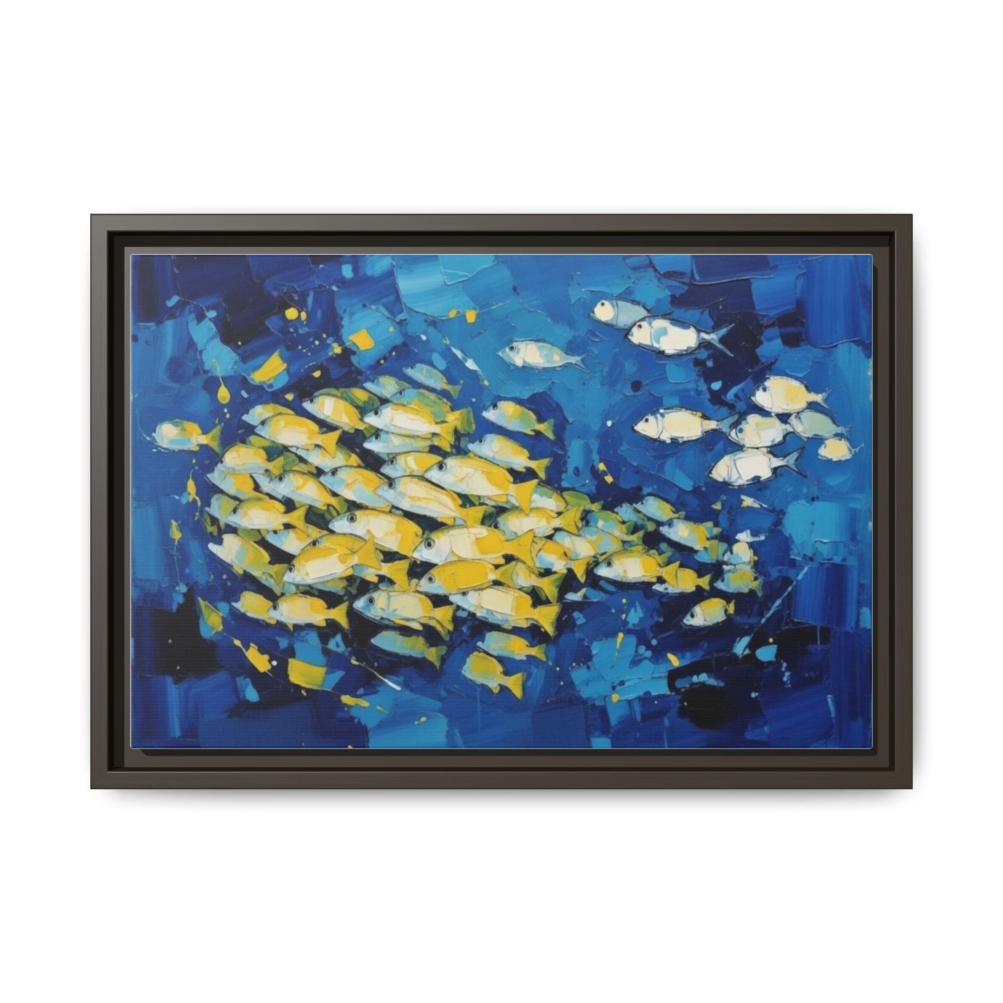 Framed Matte Canvas: Blue School of Fish Wall Art