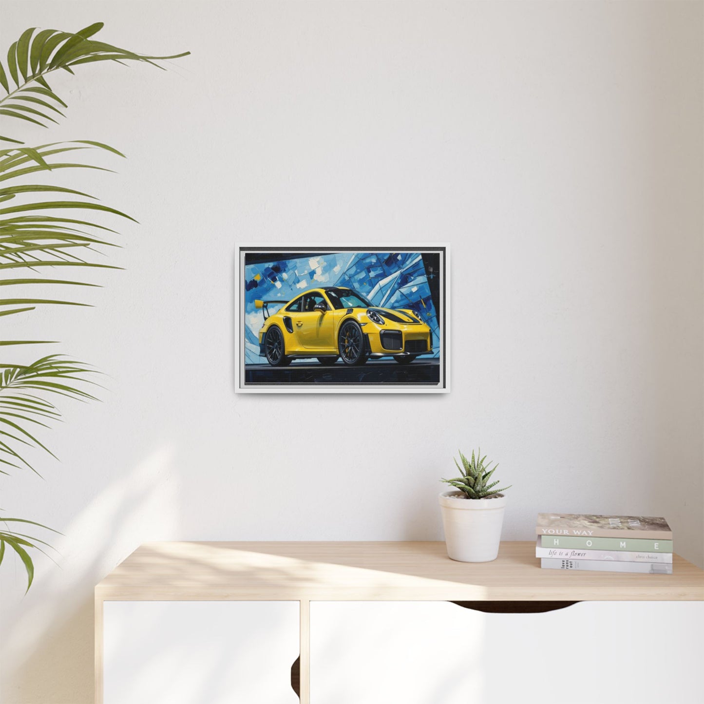Yellow Porsche Sports Car Matte Framed Canvas – Modern Automotive Wall Art