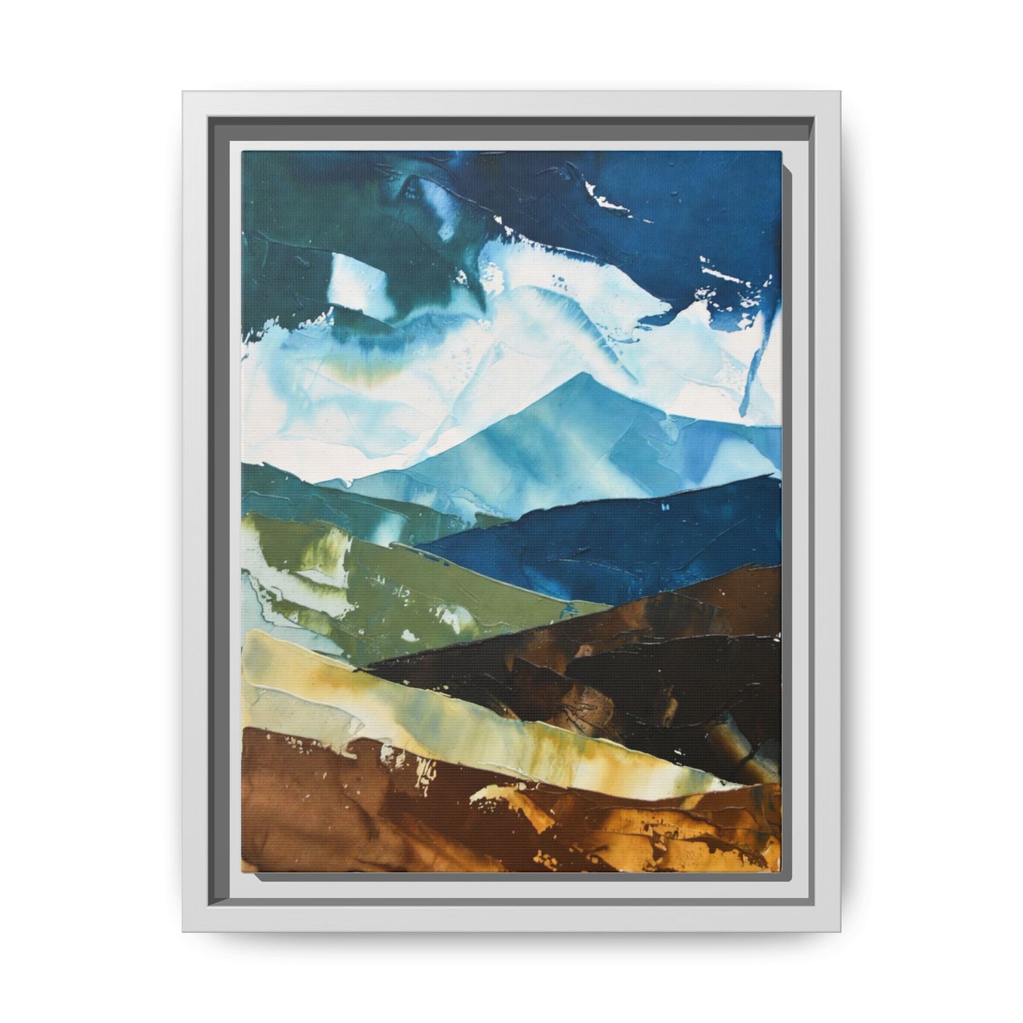 Framed Abstract Mountain Canvas Art — Blue & Earthtone Landscape Print