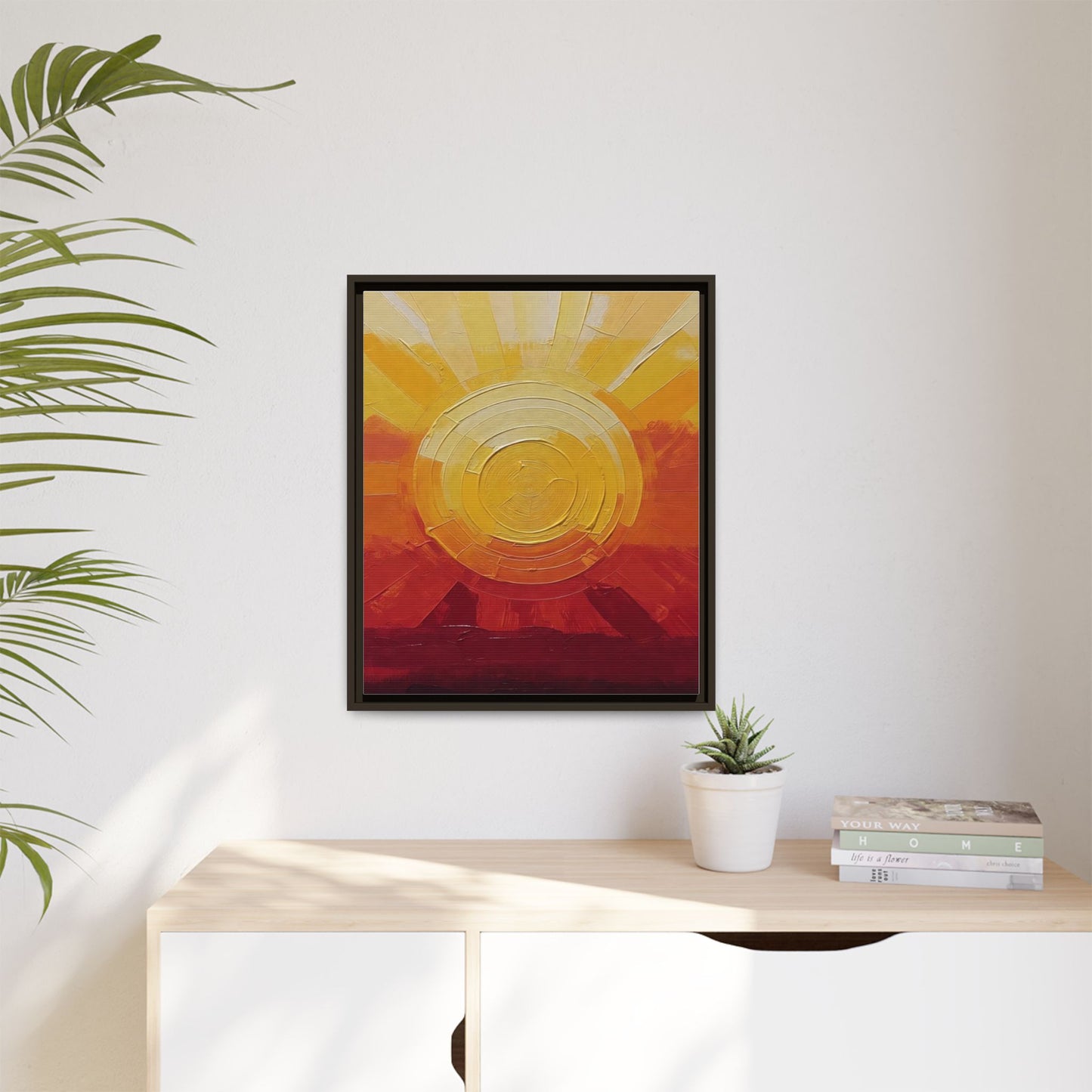 Sunburst Abstract Framed Canvas Art — Matte Multi‑Color Wall Print