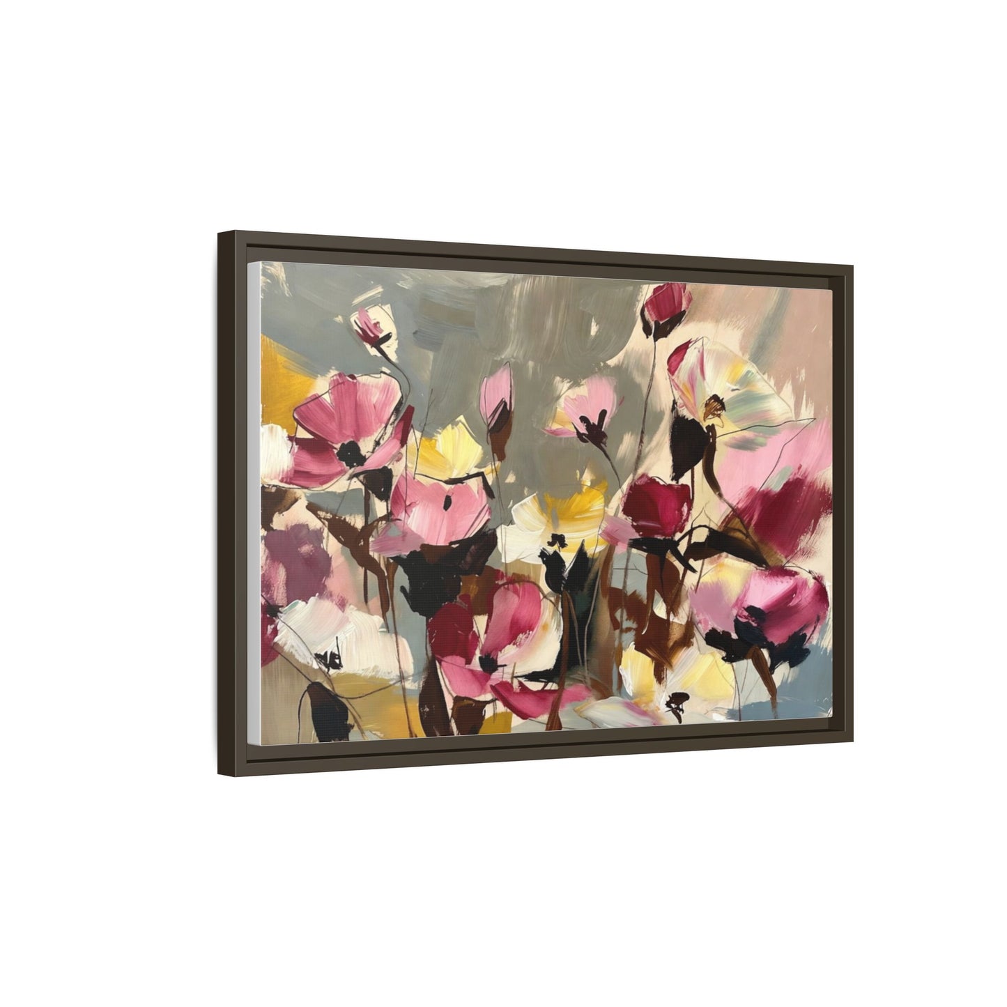 Framed Floral Canvas Wall Art — Abstract Pink & Yellow Flowers