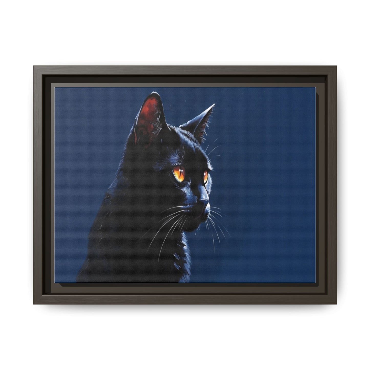 Black Cat Portrait Matte Canvas Framed Wall Art — Dramatic Feline Photo Print