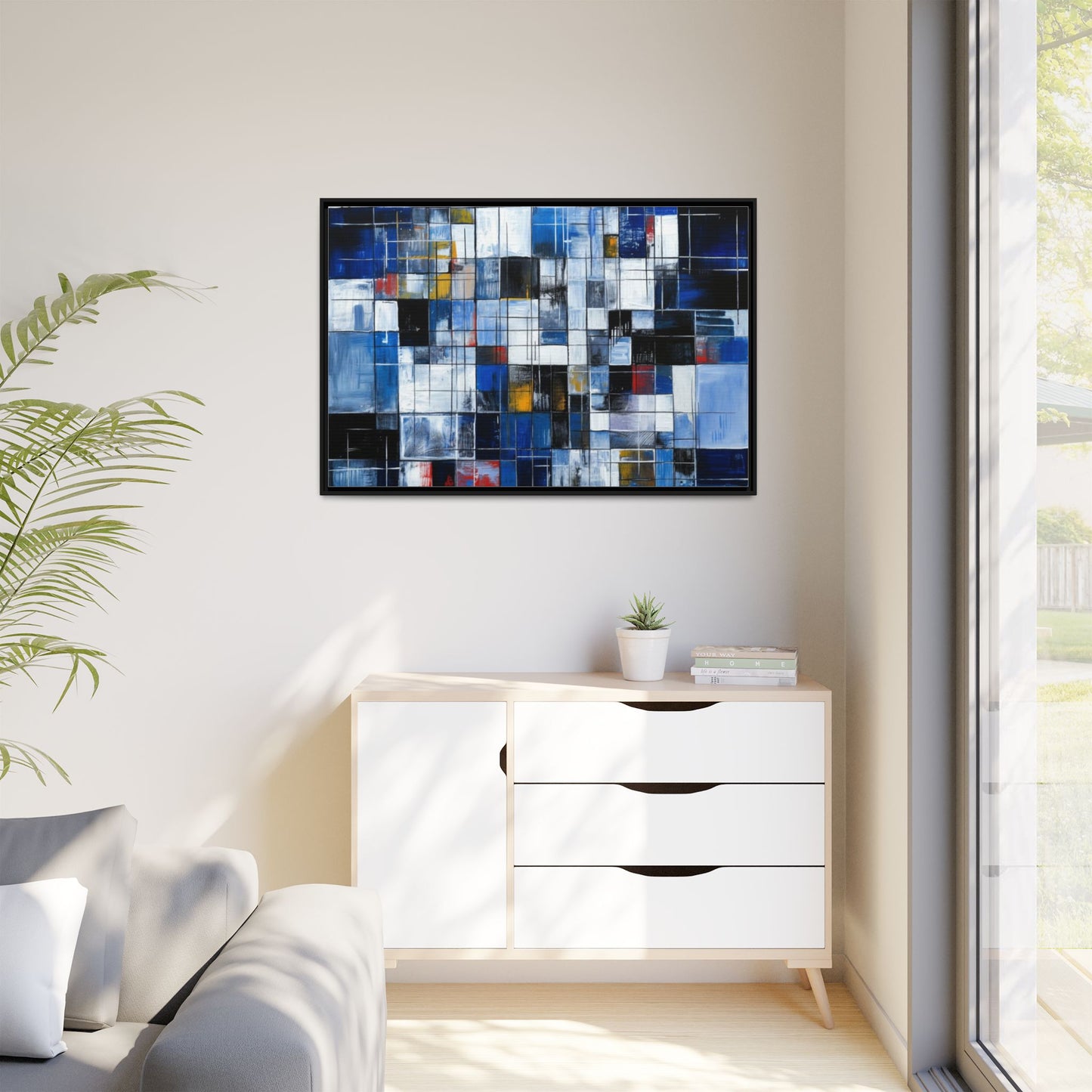 Abstract Blue Grid Matte Canvas Framed Art Print