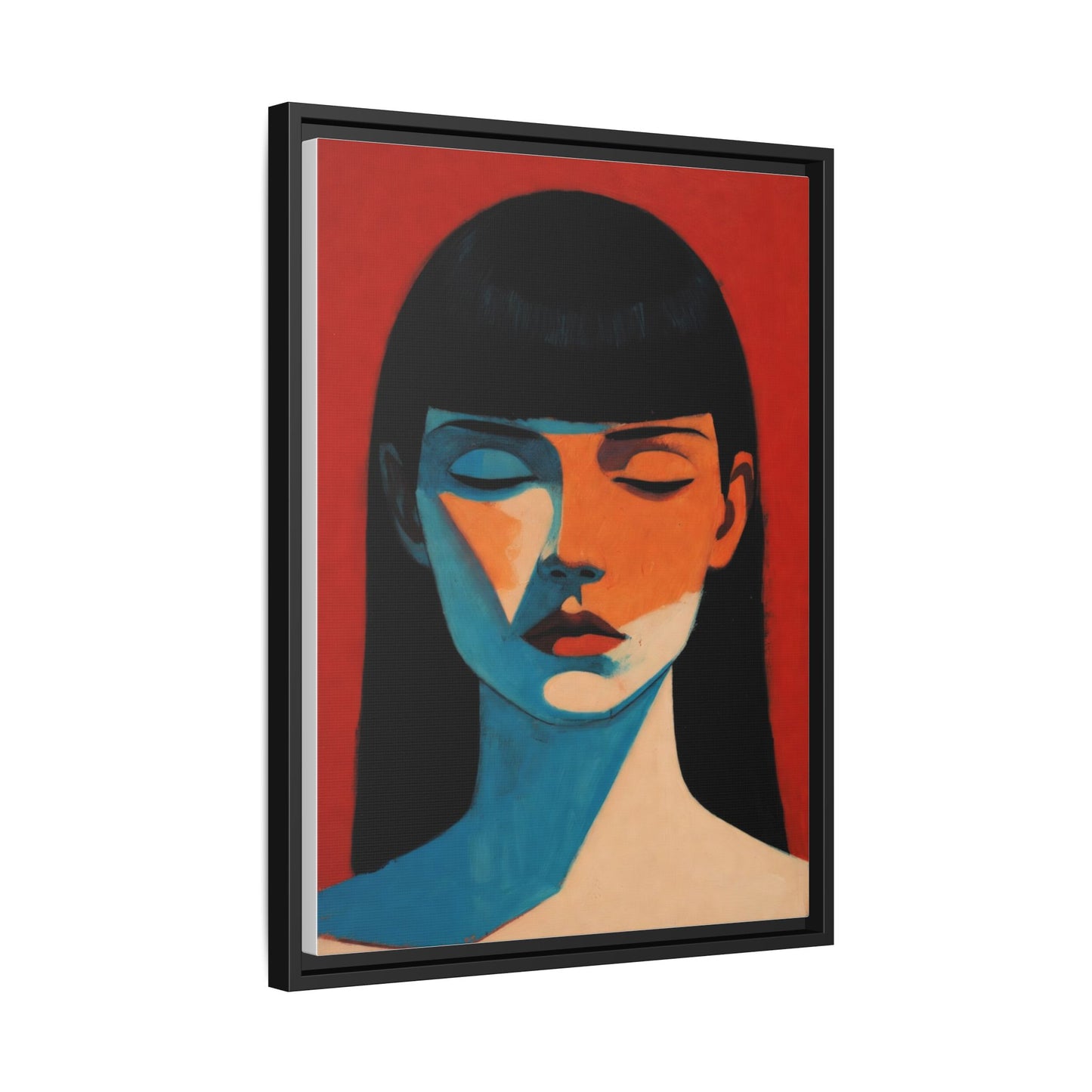 Framed Matte Canvas Art – Minimalist Portrait in Red & Teal