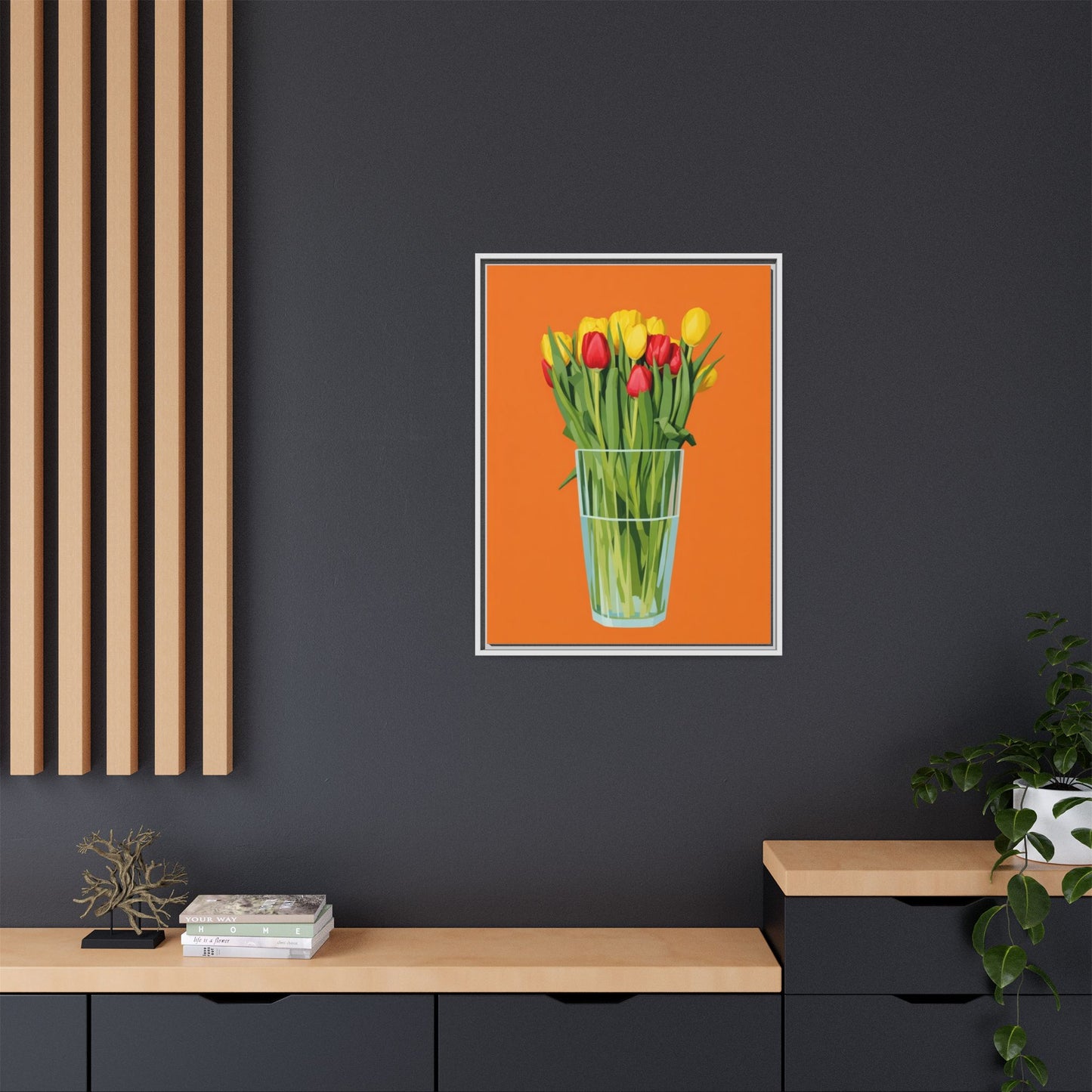 Framed Tulip Canvas Print — Colorful Tulips in Glass Vase