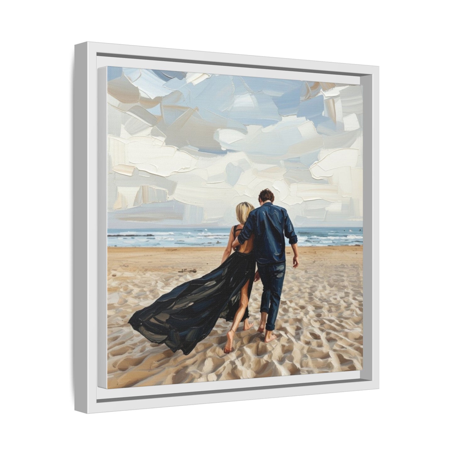 Framed Canvas Wall Art — Romantic Couple Walking on Beach Print