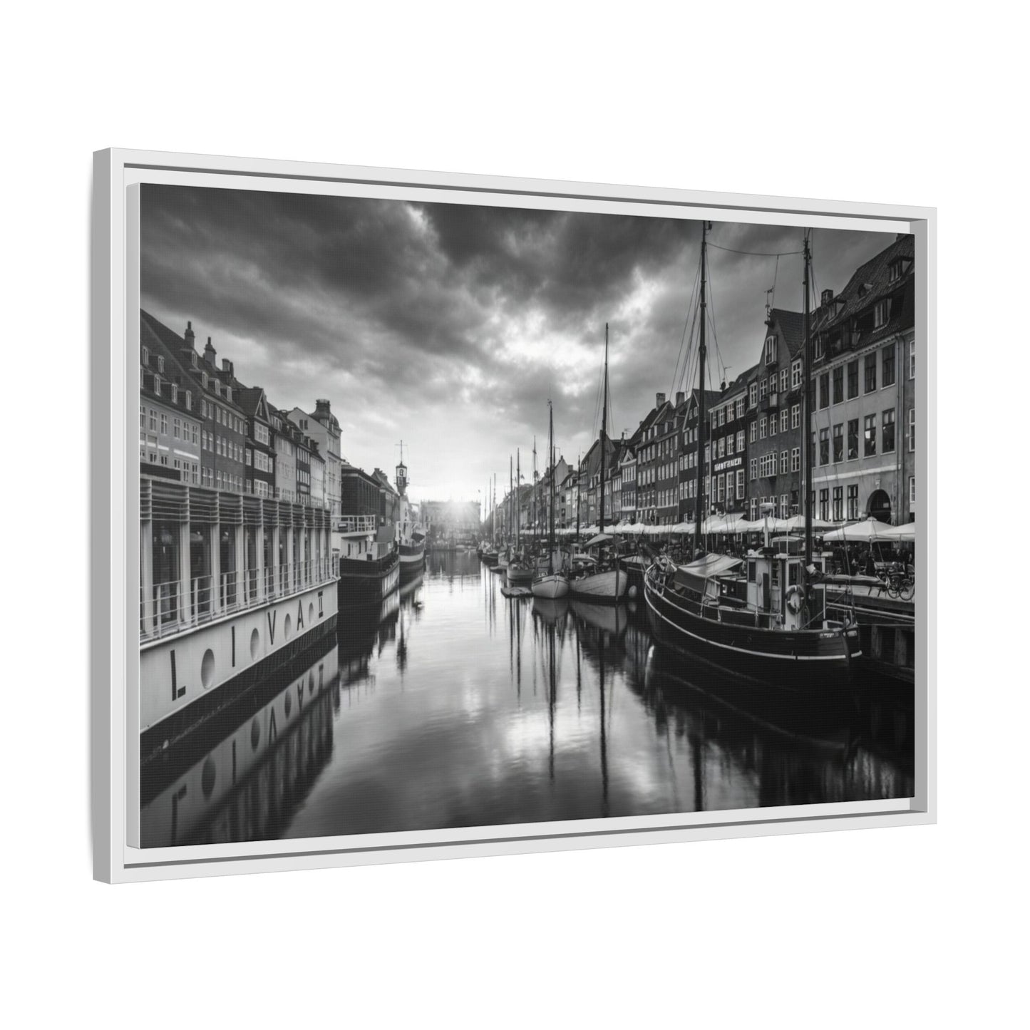 Framed Matte Canvas: Black & White Dutch Canal Photography Wall Art