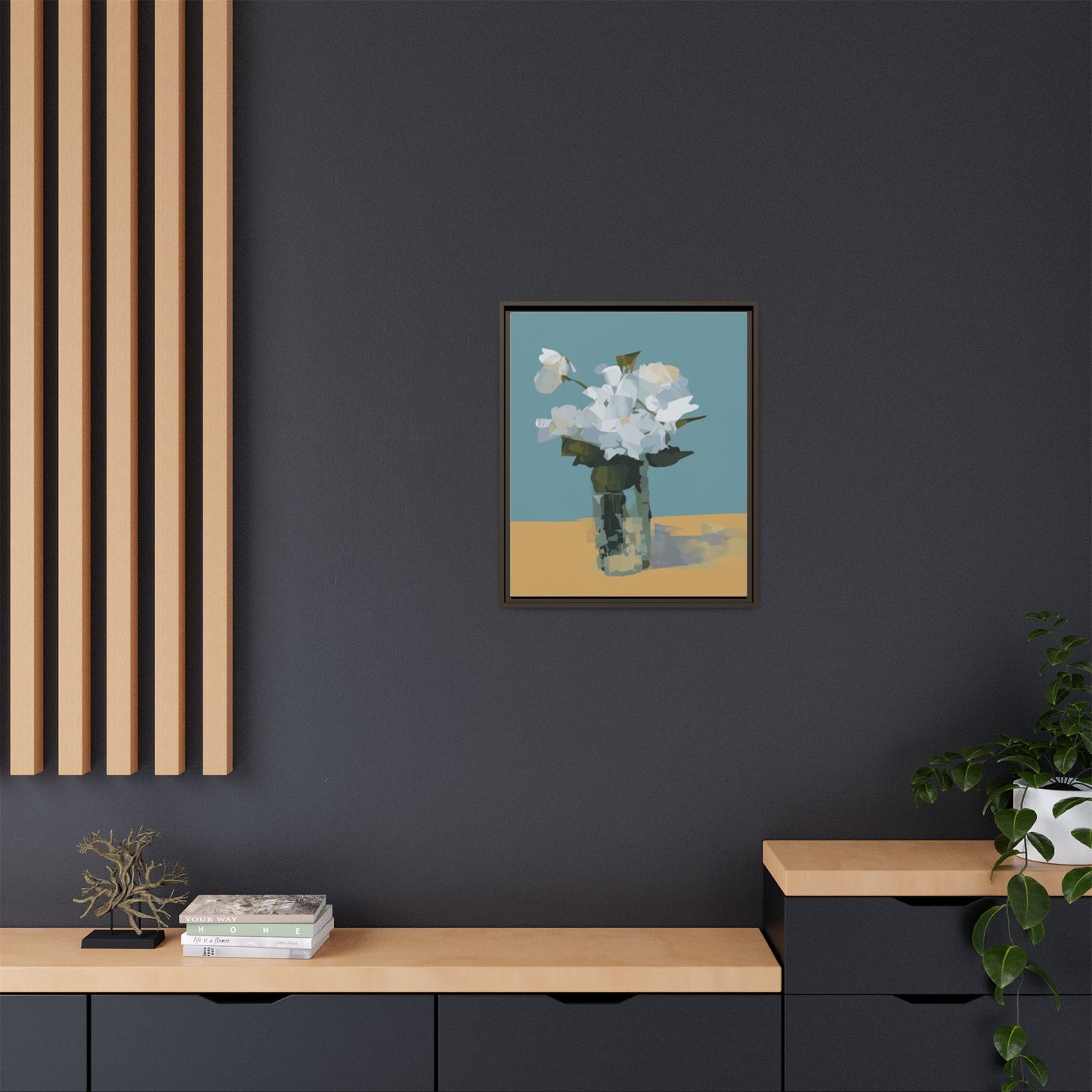 Framed Floral Still Life Canvas Art — Modern White Bouquet Wall Art
