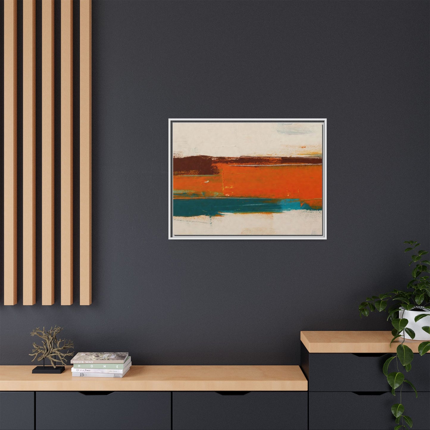 Abstract Horizon Matte Canvas Framed Print — Modern Orange Teal Wall Art