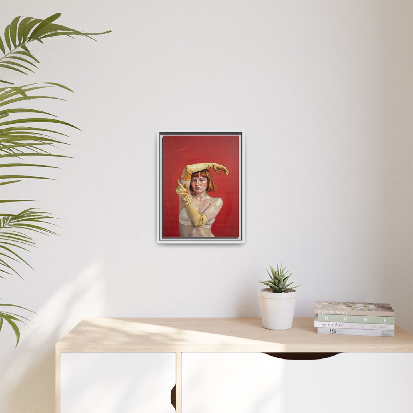 Framed Matte Canvas Art - Portrait of Woman in Yellow Gloves (Red Background)