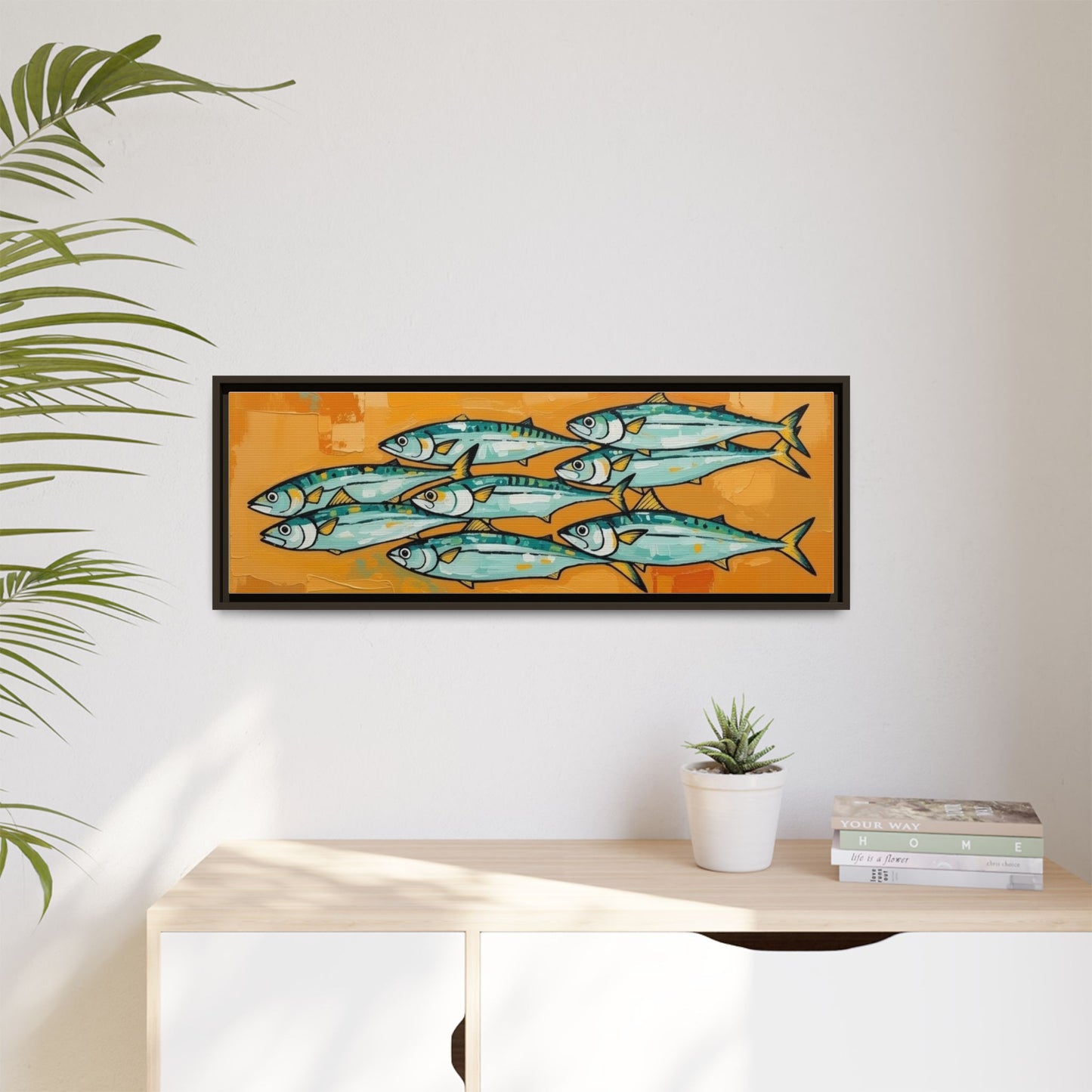 Framed Matte Canvas Print — School of Blue Fish on Orange Abstract Background