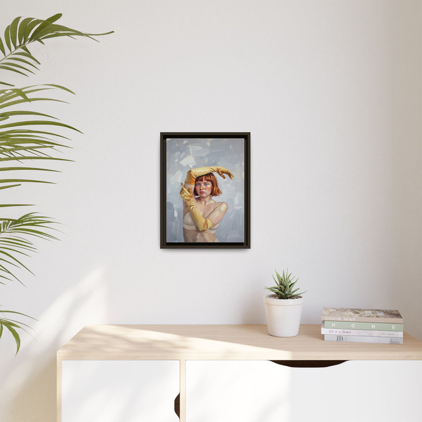 Contemporary Portrait Canvas Print — Woman with Yellow Gloves (Framed Matte)