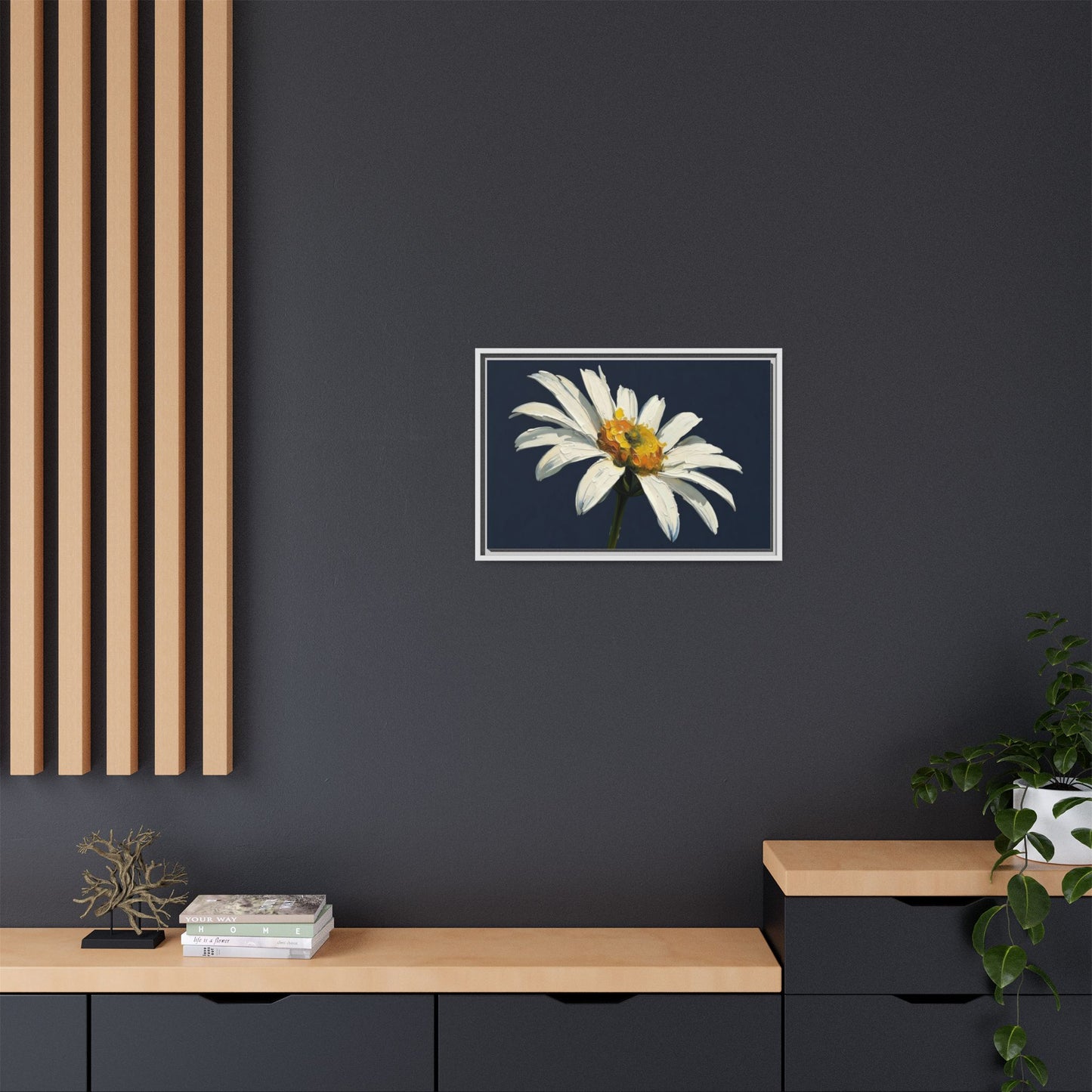 Framed Matte Canvas Daisy Wall Art — White Floral Painting on Navy