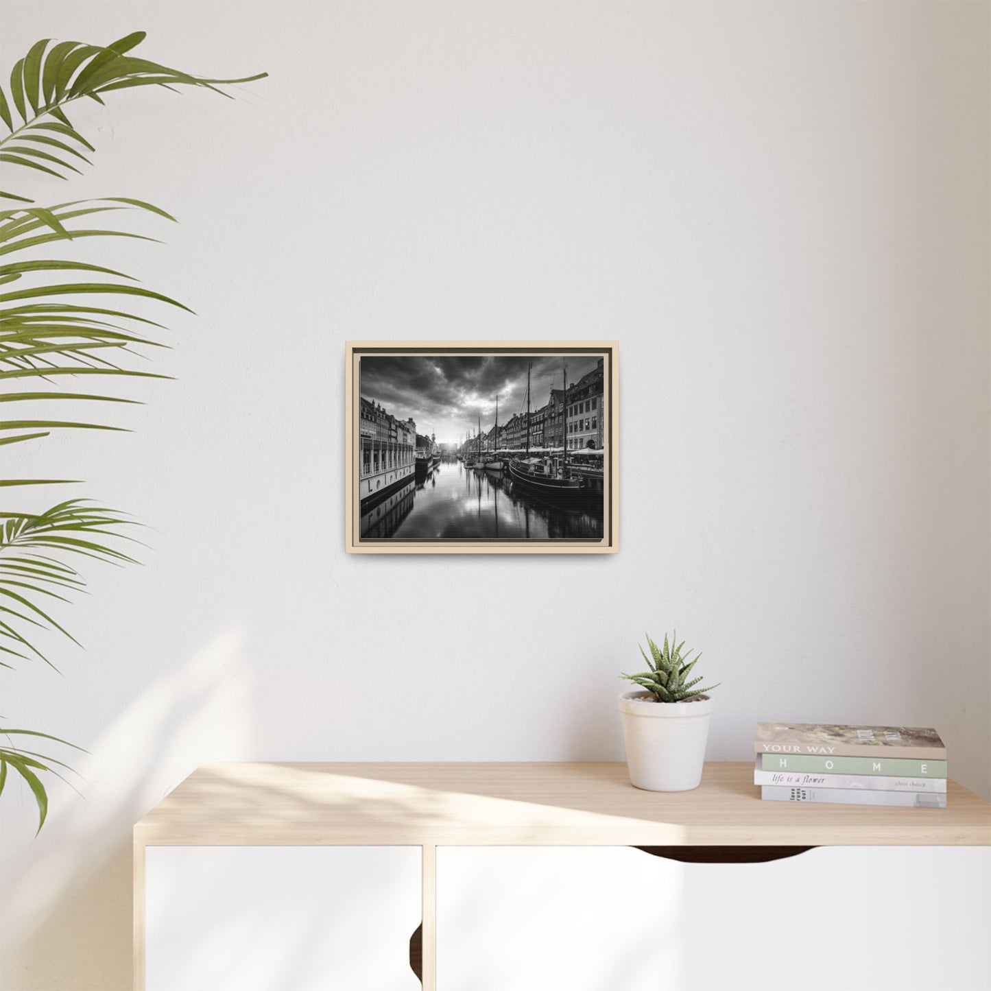 Framed Matte Canvas: Black & White Dutch Canal Photography Wall Art