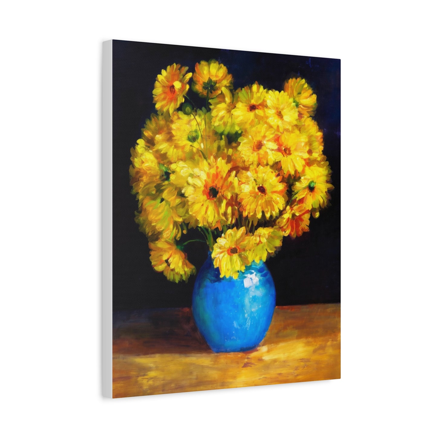 Yellow Chrysanthemum Canvas Wall Art — Blue Vase Floral Painting (Stretched Matte)