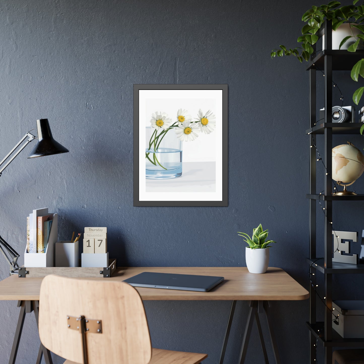 Framed Poster — Daisies in Glass Vase Wall Art, Minimal Botanical Print for Living Room