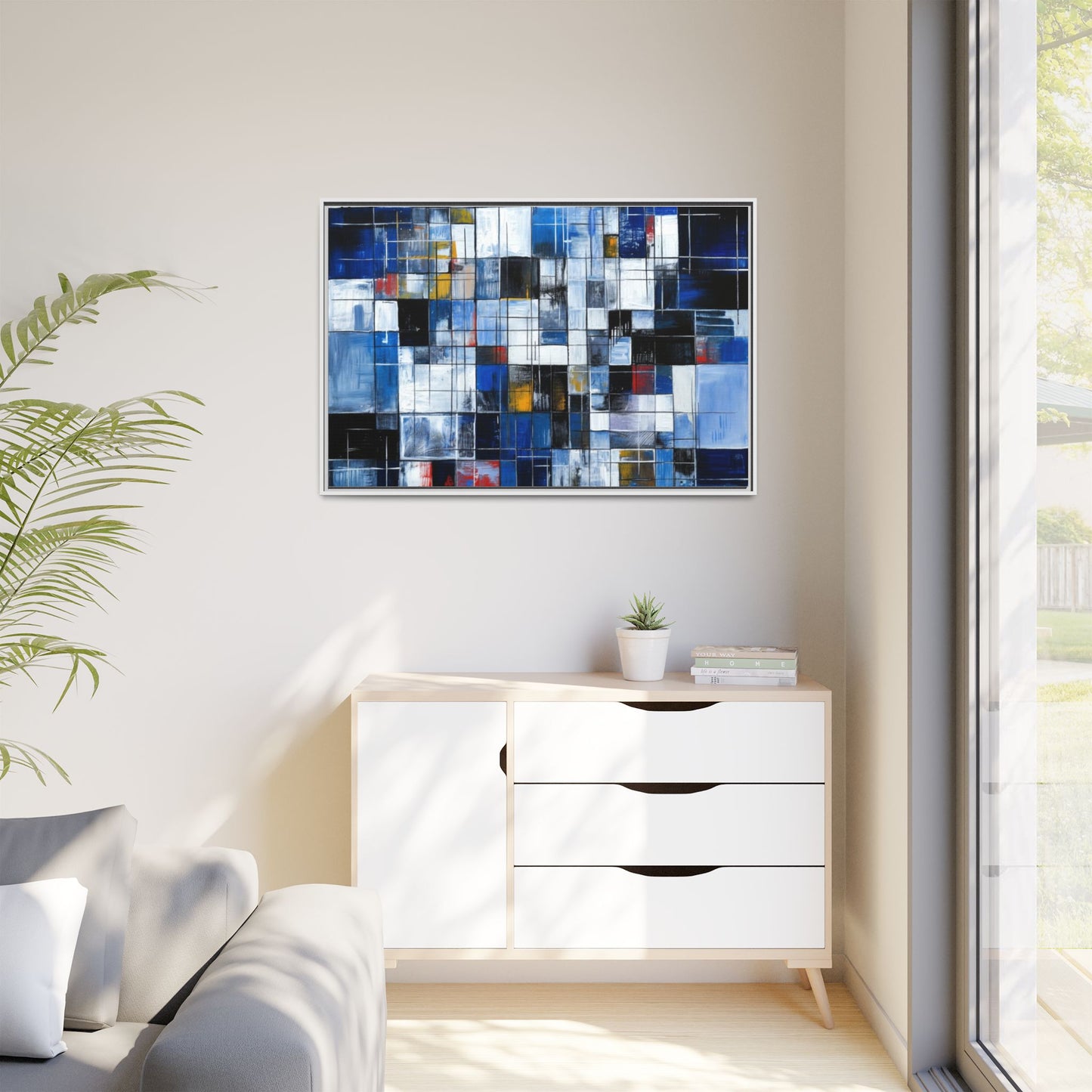 Abstract Blue Grid Matte Canvas Framed Art Print