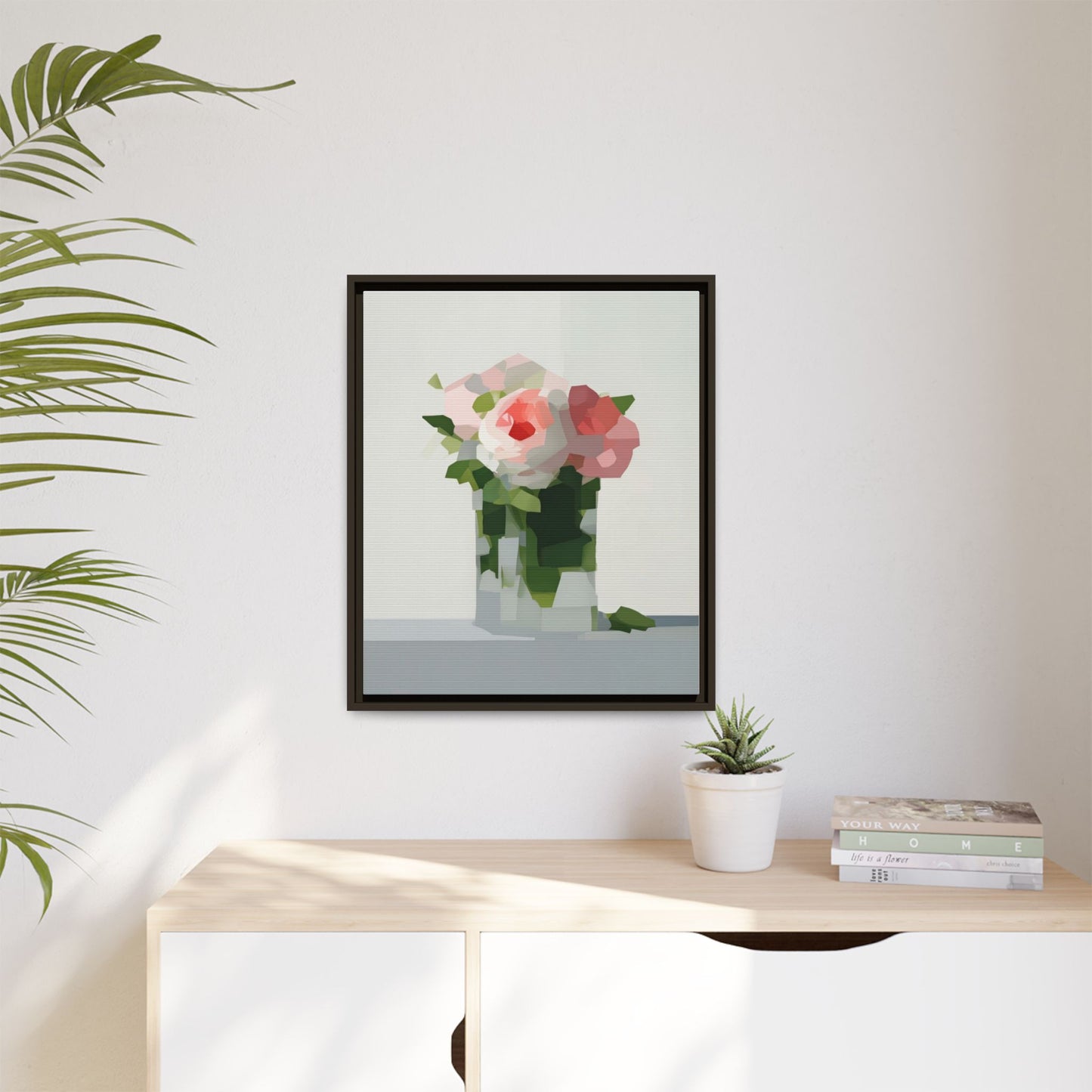 Framed Floral Canvas Print — Modern Pink Roses Still Life